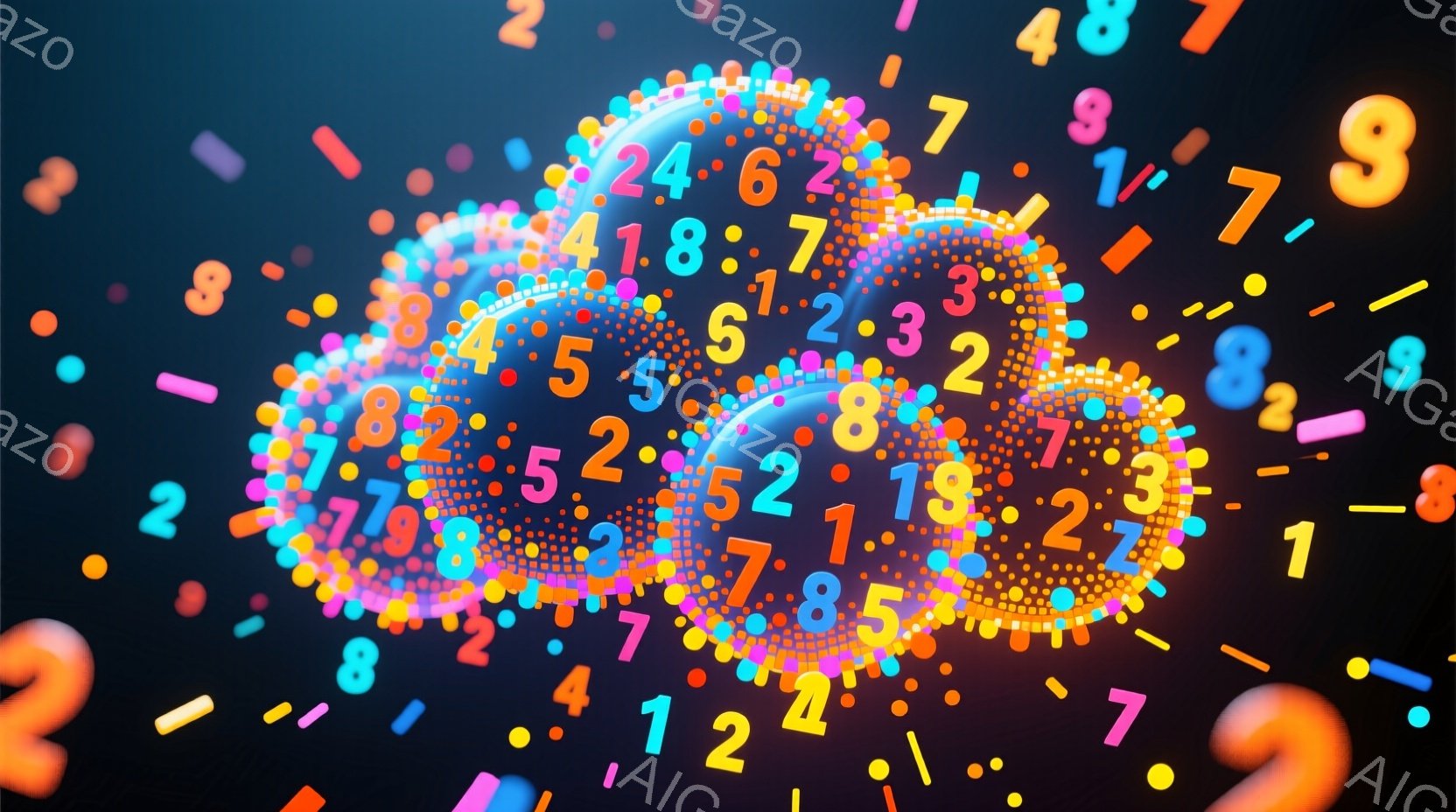 鮮やかな背景に、様々な数字が散りばめられています。中心には、多くの小さな円で構成された、虹色の大きな円が存在し、その中に数字が並んでいます。全体的に、明るく、エネルギーに満ちた、抽象的な雰囲気です。