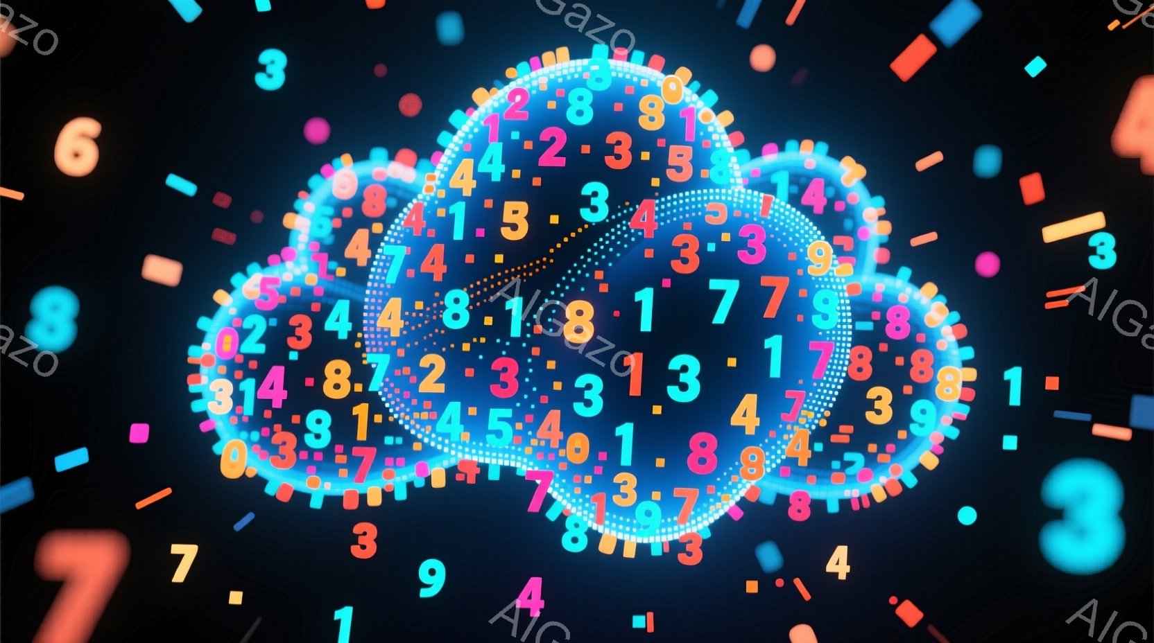 鮮やかな青色の背景に、様々な大きさの数字（1から9まで）が散りばめられています。中心には、らせん状に配置された数字が渦を巻くようなデザインがあり、全体的にダイナミックで未来的な印象を与えます。数字の色もカラフルで、視覚的に楽しさを感じさせるイメージです。