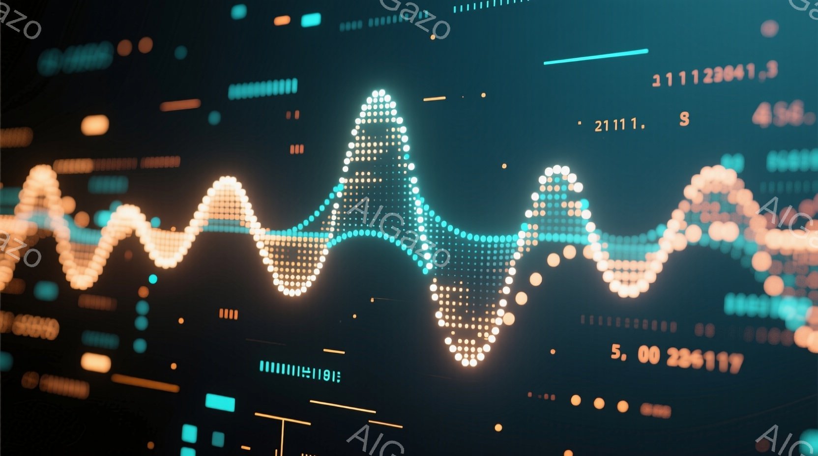 この画像は、暗い背景に浮かび上がる、点描画のような波状の光の線が特徴です。中央には、光の線が集中して、まるで人間の足跡のような形を形成しており、足跡の周囲には細かい粒子が散りばめられています。全体的に未来的な印象で、データ可視化やテクノロジー関連のイメージを想起させます。