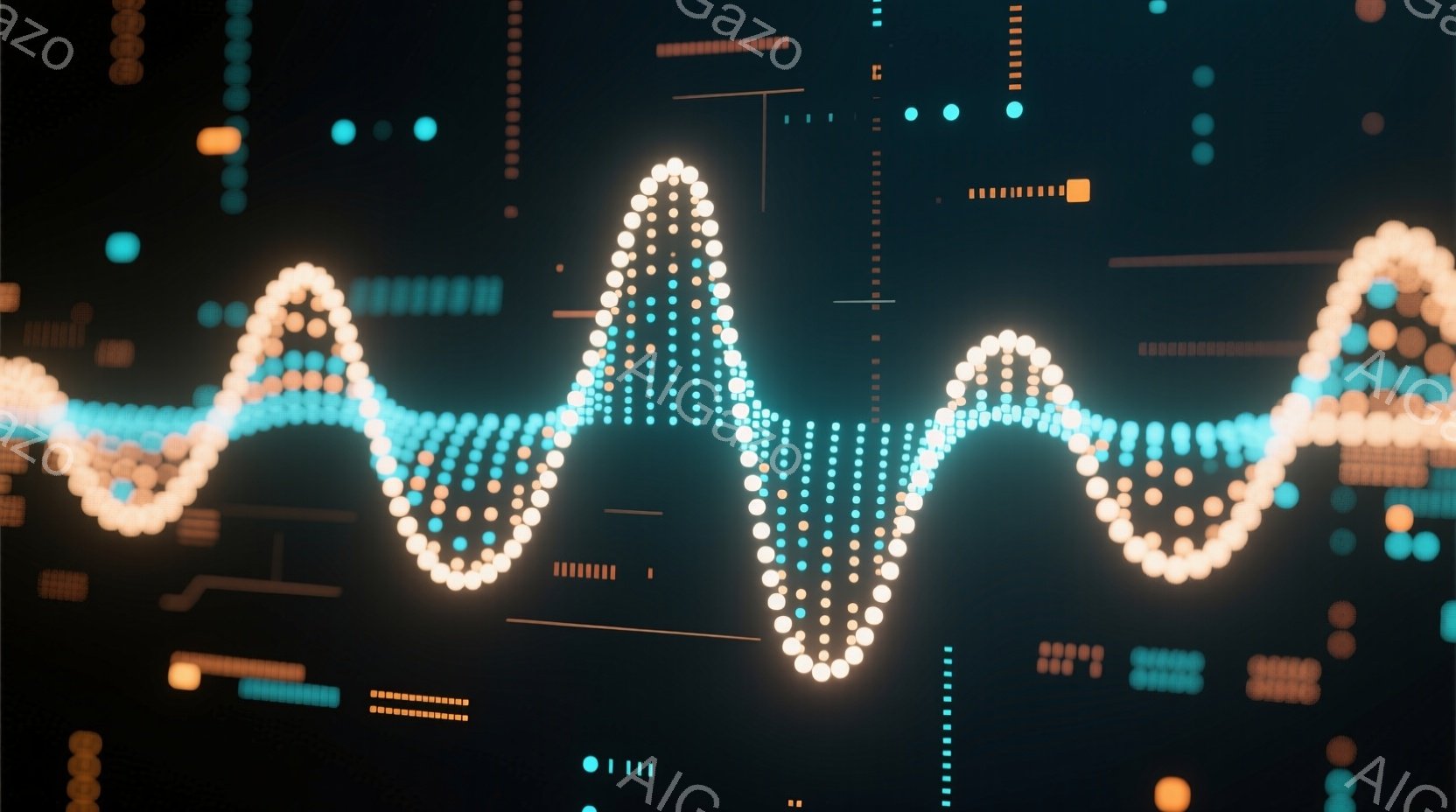 鮮やかなターコイズブルーとオレンジ色の粒子が、暗い背景に浮かび上がっています。これらの粒子は波形を描き、まるで音や信号の視覚化のようです。背景には、細い線や小さな光点が散りばめられており、デジタルで未来的な雰囲気を醸し出しています。