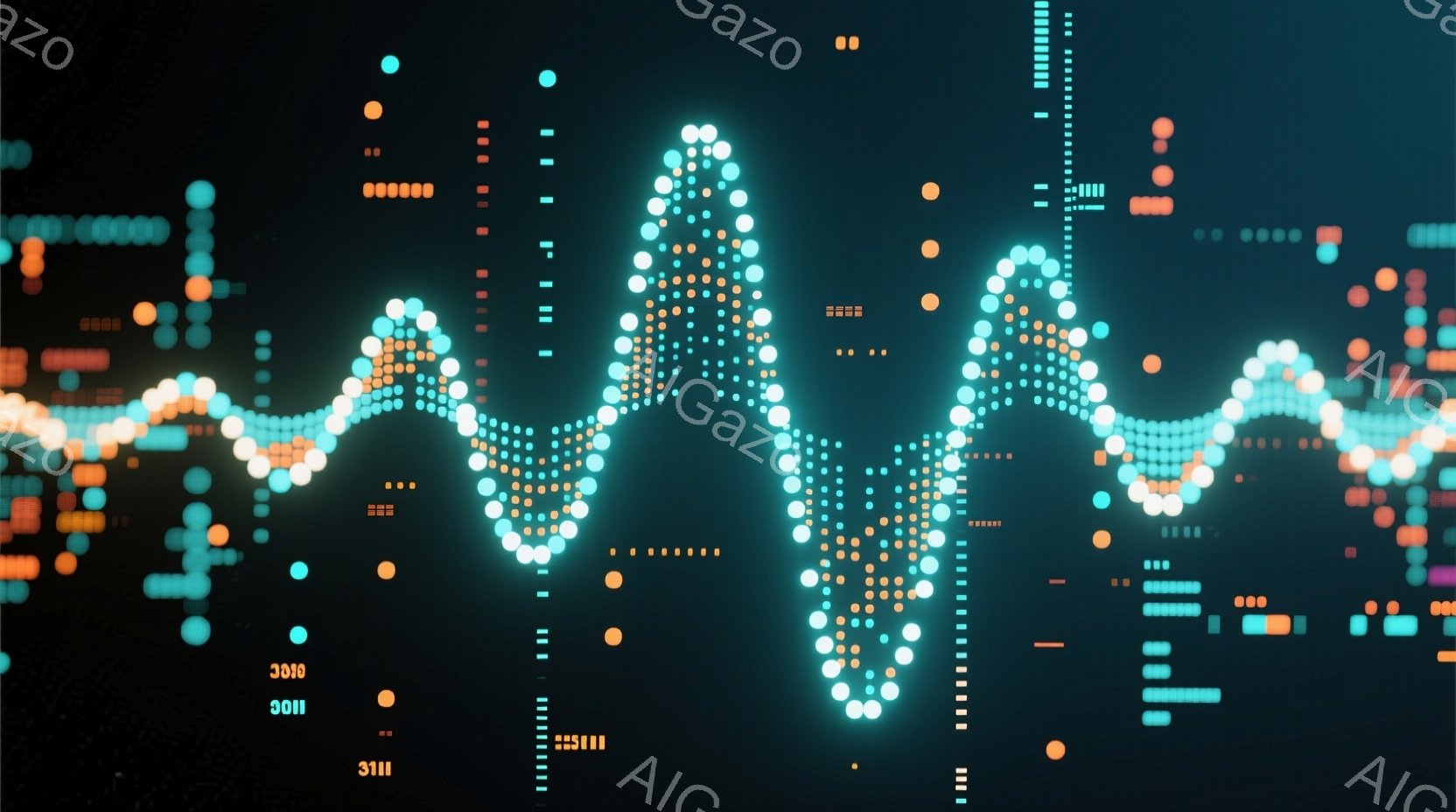 この画像は、暗い背景に輝く粒子状の光が波のような形状を作っている抽象的な表現です。オレンジと青色の光が散りばめられ、まるで音波やエネルギーの流れを視覚化したような印象を与えます。全体的に未来的な雰囲気 - AI生成フリー素材