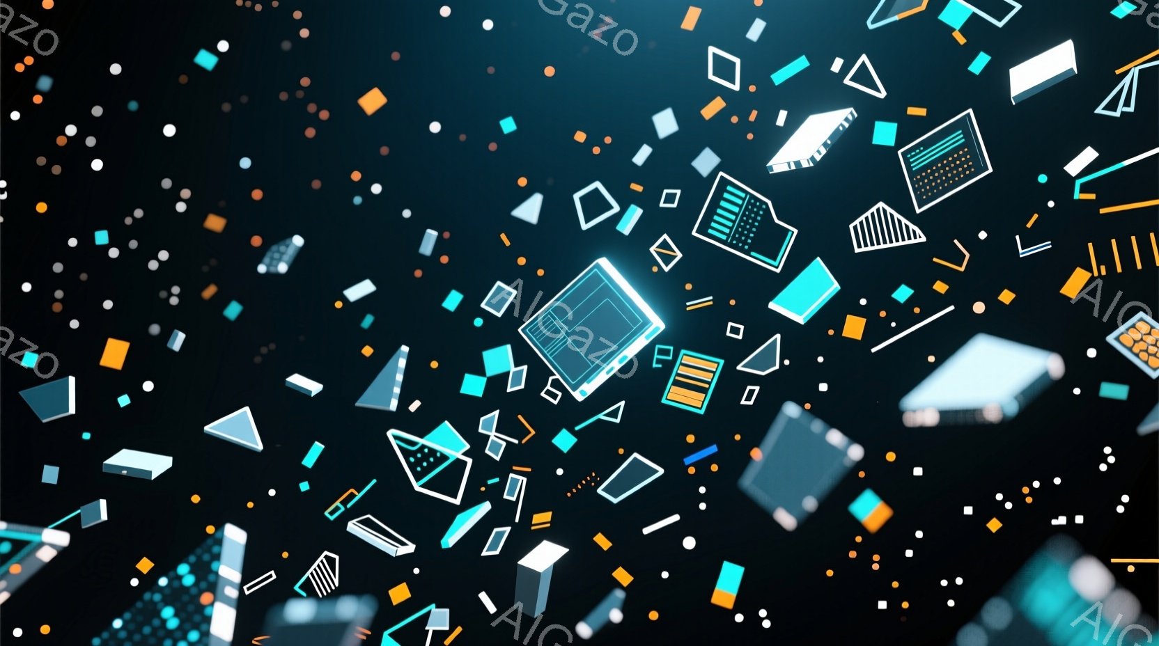 漆黒の背景に、様々な形状のカラフルなオブジェクトが飛び散っている様子が描かれている。オブジェクトは立方体、三角形、長方形など多岐にわたり、まるでデジタルな破片が空間を漂っているかのような印象を与える。全体として、未来的で抽象的な雰囲気であり、サイバー空間やデータの流れを想起させる。