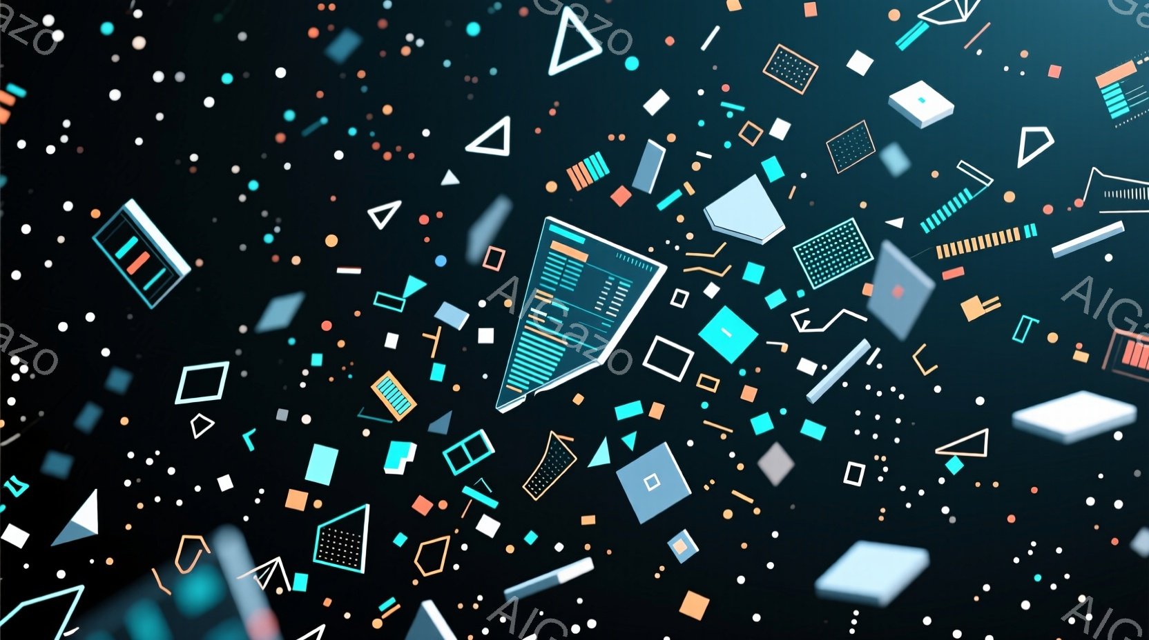 鮮やかな背景に、様々な幾何学的な図形が散りばめられています。立方体、三角形、長方形などが、まるで空間に浮かんでいるかのように配置され、軽快でモダンな印象を与えます。全体的にカラフルで、奥行きのあるデザ - AI生成フリー素材