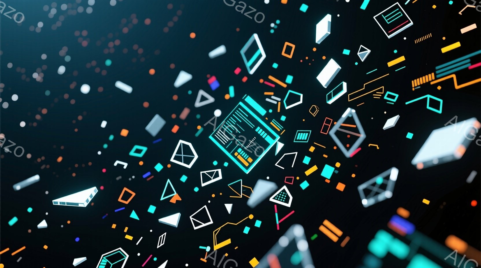 この画像は、暗い背景に浮かぶ、さまざまな形をした発光する幾何学的なオブジェクトの集合を示しています。オブジェクトは、三角形、四角形、円、そして複雑な線やパターンを含む多様なデザインを持っており、光沢のある質感と鮮やかな色で表現されています。全体的な雰囲気は、デジタルで未来的な空間を想起させ、抽象的で活気に満ちた表現が特徴です。