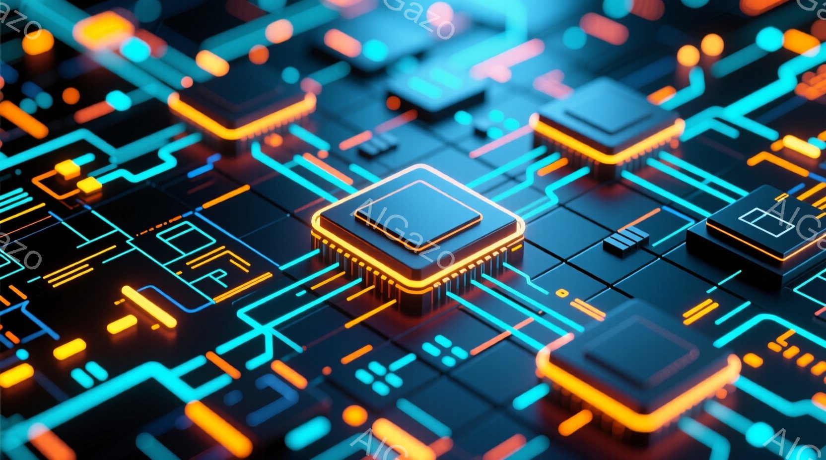 この画像は、回路基板を模した未来的なデザインで、鮮やかなネオンカラーの光が流れています。中央には、金色の枠で囲まれたチップが配置され、周囲には複雑な配線が広がっています。全体的に、ハイテクでエネルギッ - AI生成フリー素材