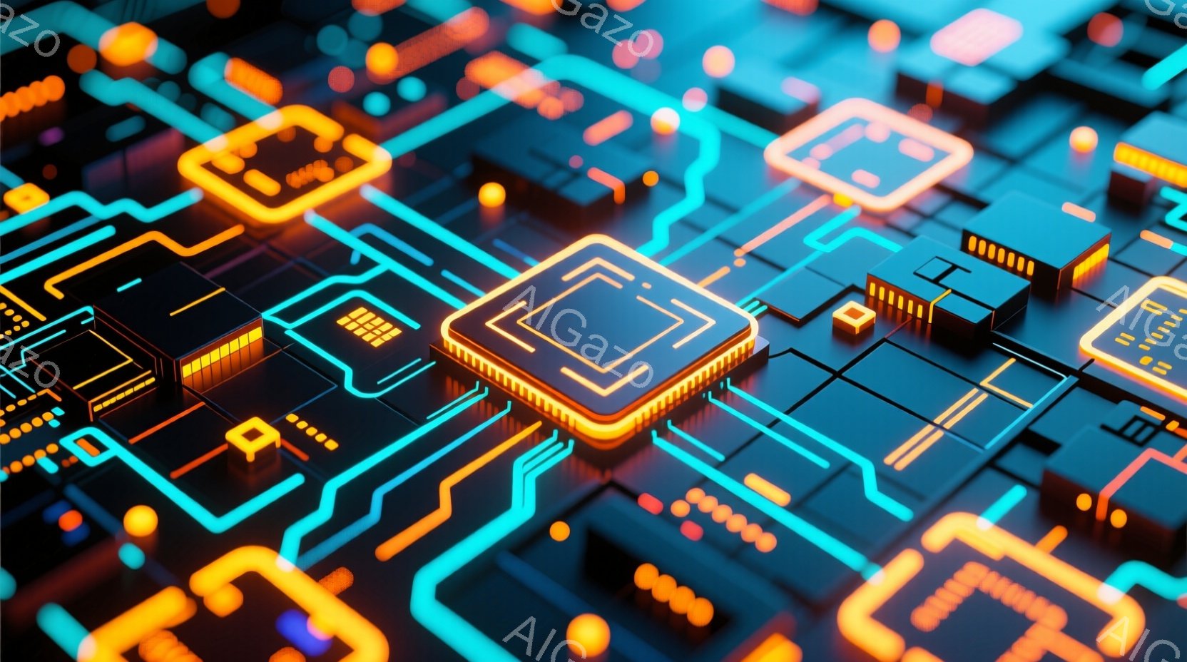 この画像は、ネオンカラーの回路基板をクローズアップしたものです。オレンジとターコイズブルーの線が複雑に絡み合い、様々な電子部品が配置されています。全体的に未来的な雰囲気で、テクノロジーとエネルギーの流 - AI生成フリー素材