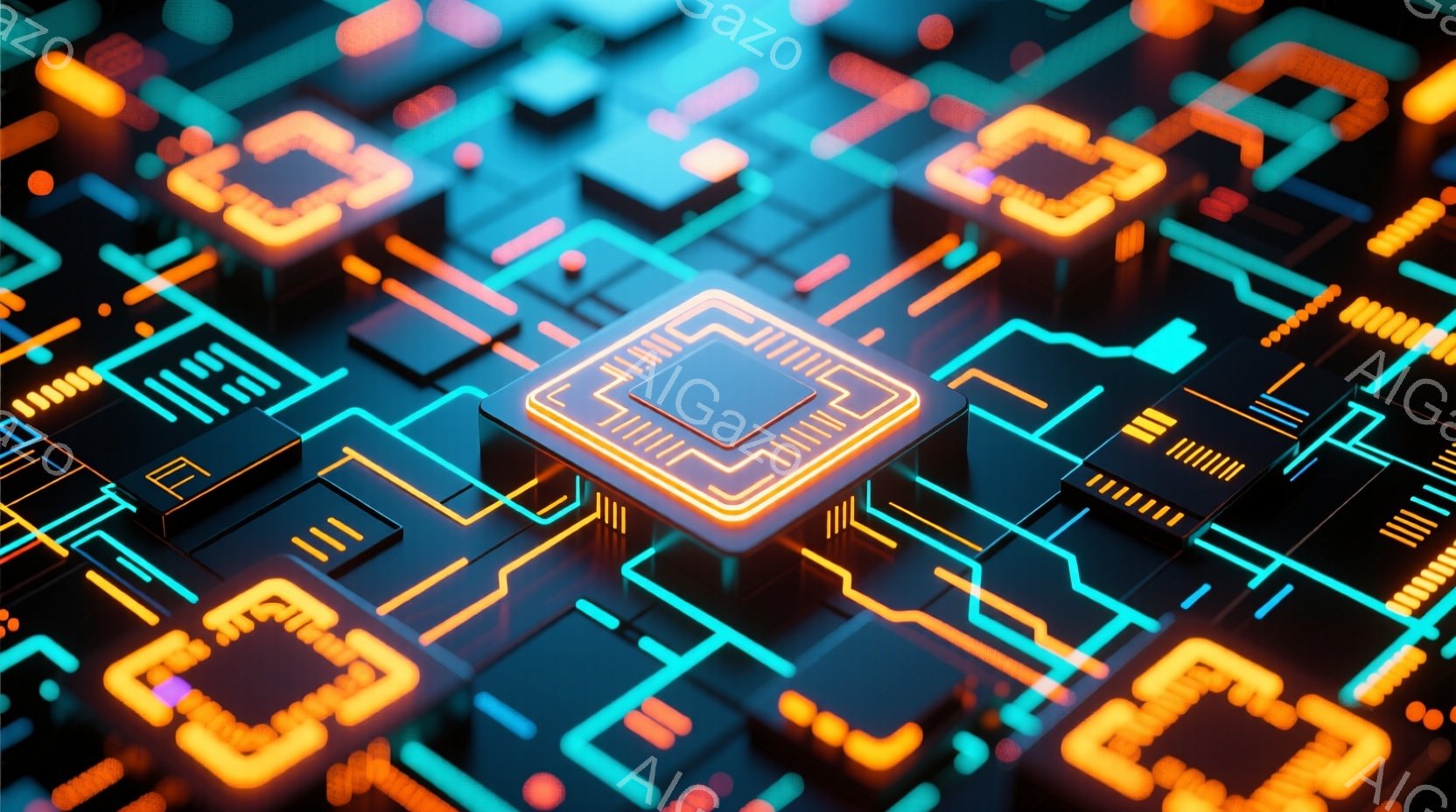 鮮やかなネオンカラーの回路基板が複雑に配置された画像です。オレンジ色のチップが中心に配置され、青緑色の線が回路を表現しています。全体的に未来的な技術を連想させる、洗練された雰囲気です。 - AI生成フリー素材
