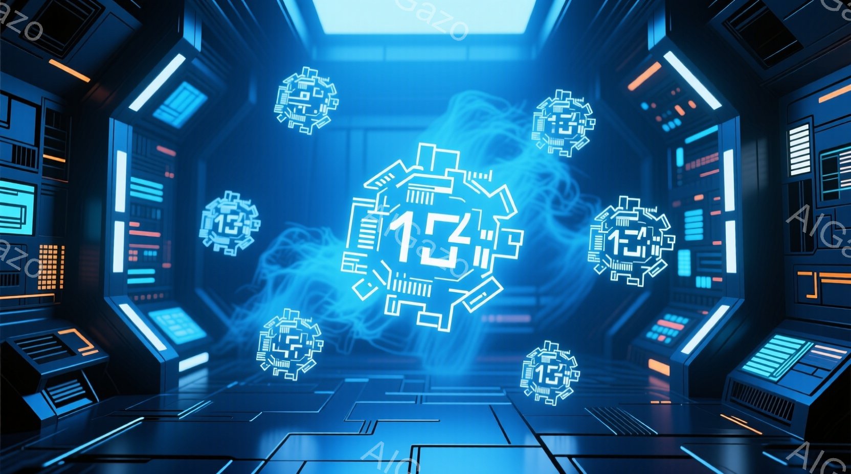 この画像は、未来的な青色の部屋の内部を描写しており、部屋の壁には多数の光るパネルが配置されています。部屋の中央には、複雑な配線のような光のパターンと、大きなデジタル数字の「15」が浮かび上がっており、 - AI生成フリー素材