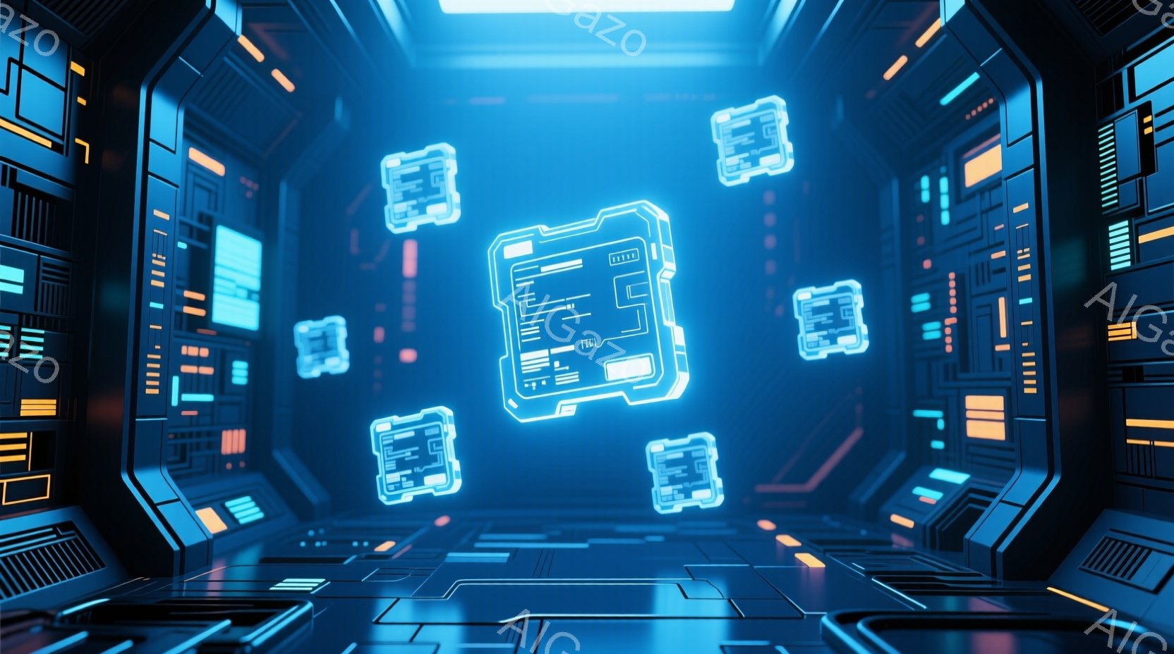 この画像は、未来的な青色の内部空間を描写しており、壁面には複雑な回路のようなデザインが施されています。空間の中央には、発光するチップのようなオブジェクトが複数浮遊しており、まるでサイバー空間のような印 - AI生成フリー素材