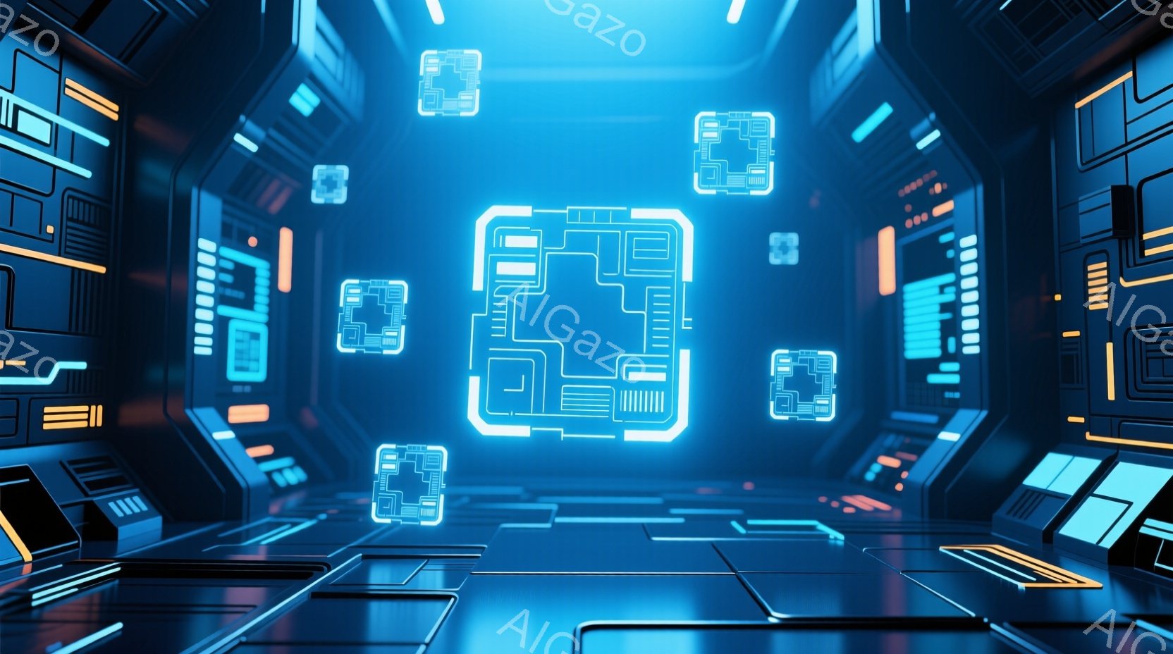 この画像は、未来的な青色の内部空間を描写しています。壁面には複雑な回路模様が光り、床面も同様のデザインが施されています。空間全体は、明るい青色と暗色のコントラストで、技術的で未来的な雰囲気を醸し出しています。