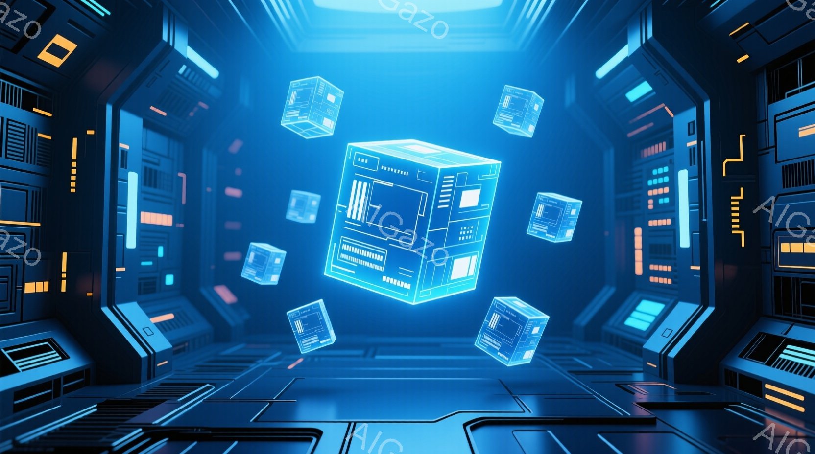 この画像は、未来的な青色のトンネルのような空間に、発光する立方体が複数浮かんでいる様子を描いています。壁面には複雑な電子回路のような模様が施され、床面は光るラインで装飾されています。全体的に、SF映画に出てくるような、サイバーパンクで没入感のある雰囲気です。