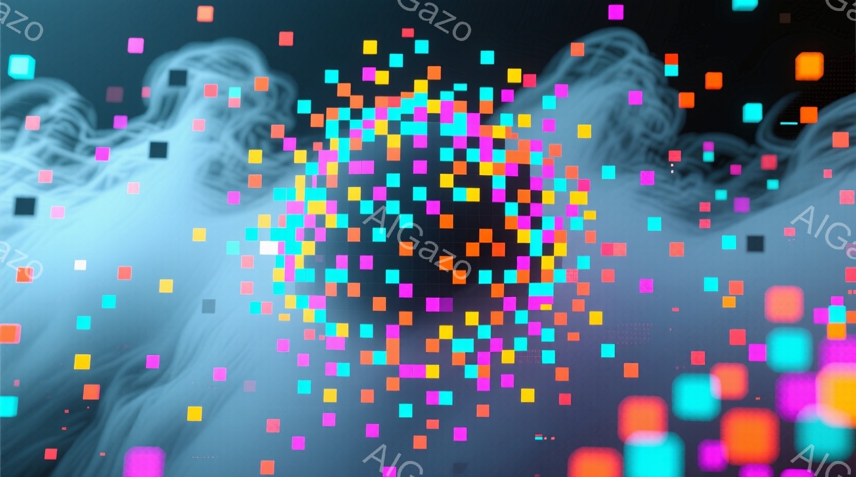 この画像は、暗い背景にカラフルな立方体が散りばめられた抽象的な表現です。立方体はピンク、水色、オレンジなどの鮮やかな色をしており、まるでデジタルな粒子が空間に漂っているかのような印象を与えます。背景にはぼんやりとした雲のような模様があり、全体的に未来的な雰囲気を醸し出しています。