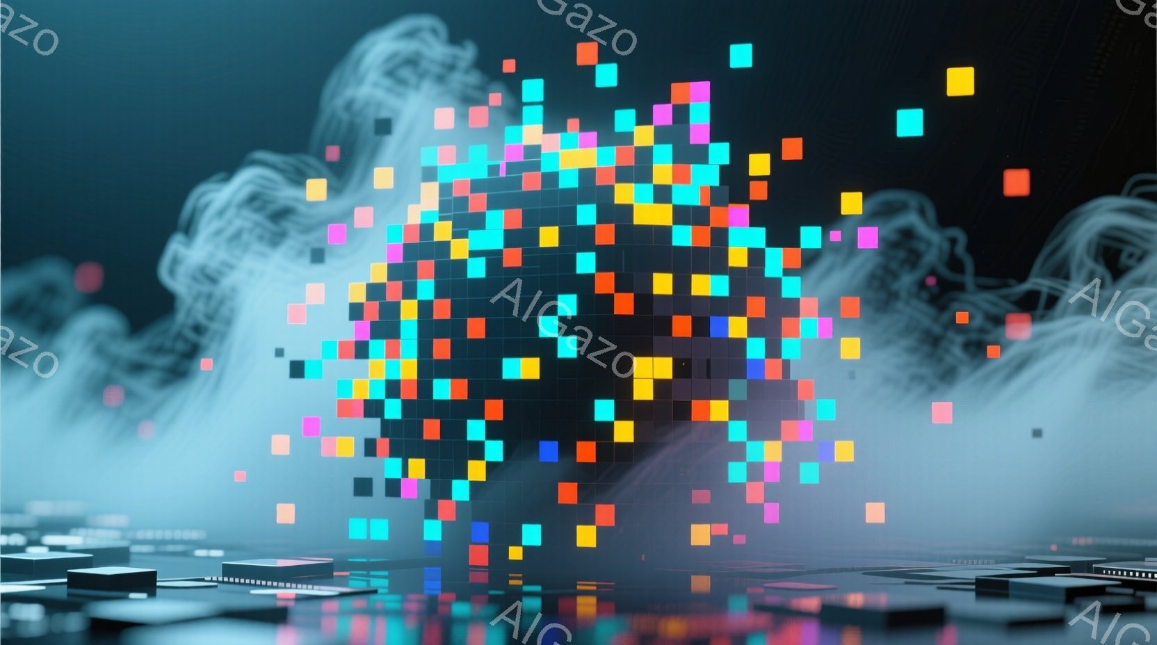 鮮やかな色の小さな立方体（ピクセル）が、黒い台座から飛び出してくるように配置され、まるで分解・再構築されるような印象を与えるデジタルアート作品である。背景には、かすかに光る幾何学模様が広がり、未来的でテクノロジー感のある雰囲気を醸し出している。全体として、データや情報が可視化されたような、抽象的で洗練されたイメージが特徴である。