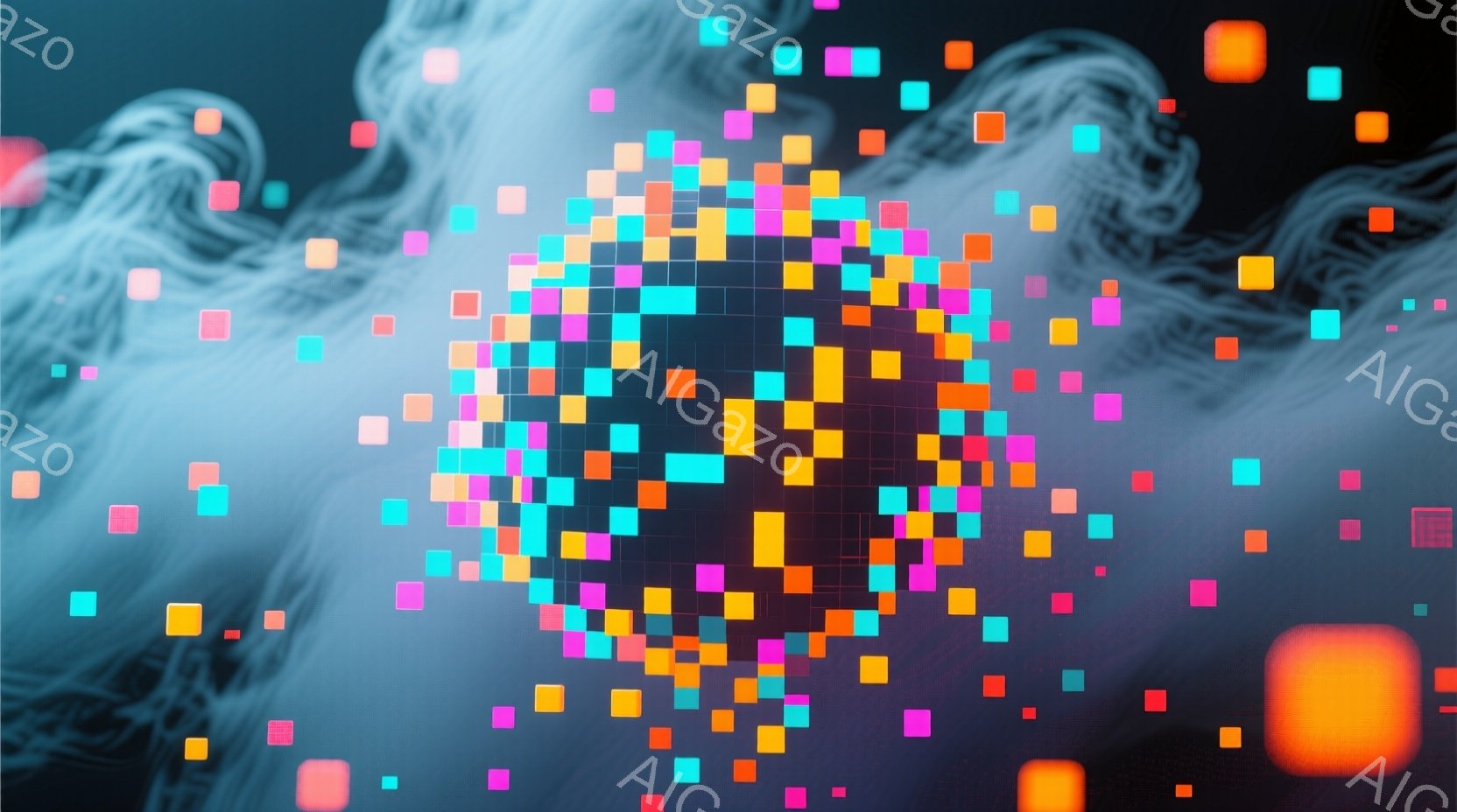 画面中央には、カラフルなピクセルで構成されたハート型のオブジェクトが存在し、その周囲には様々な色の小さな正方形が散りばめられています。背景は青とグレーのグラデーションで、霧のような、または煙のような抽象的な模様が広がっており、全体的に幻想的でデジタルアートのような雰囲気です。明るい色彩と抽象的な背景が組み合わさり、近未来的なロマンスやデジタル世界の美しさを表現しているように見えます。