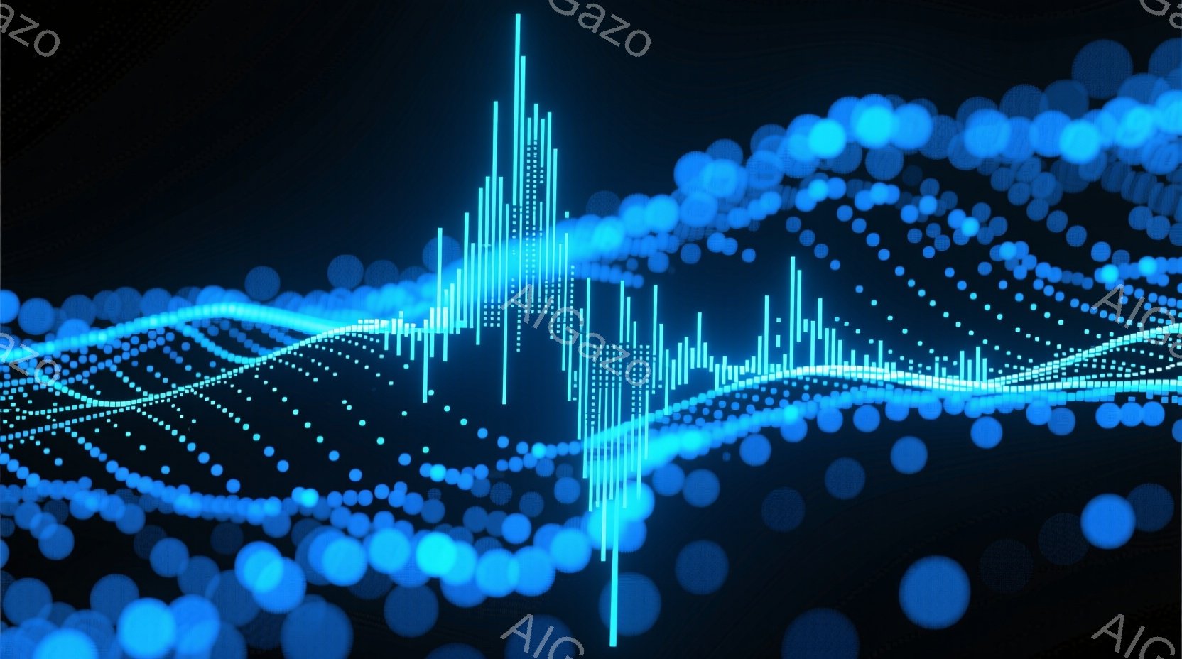 深い青色の背景に、光るドットで構成された抽象的な波や棒グラフのような構造物が広がっています。光の線が波のように繋がり、全体的に未来的なデジタル空間を表現しているようです。背景は暗く、光るドットが鮮やか - AI生成フリー素材