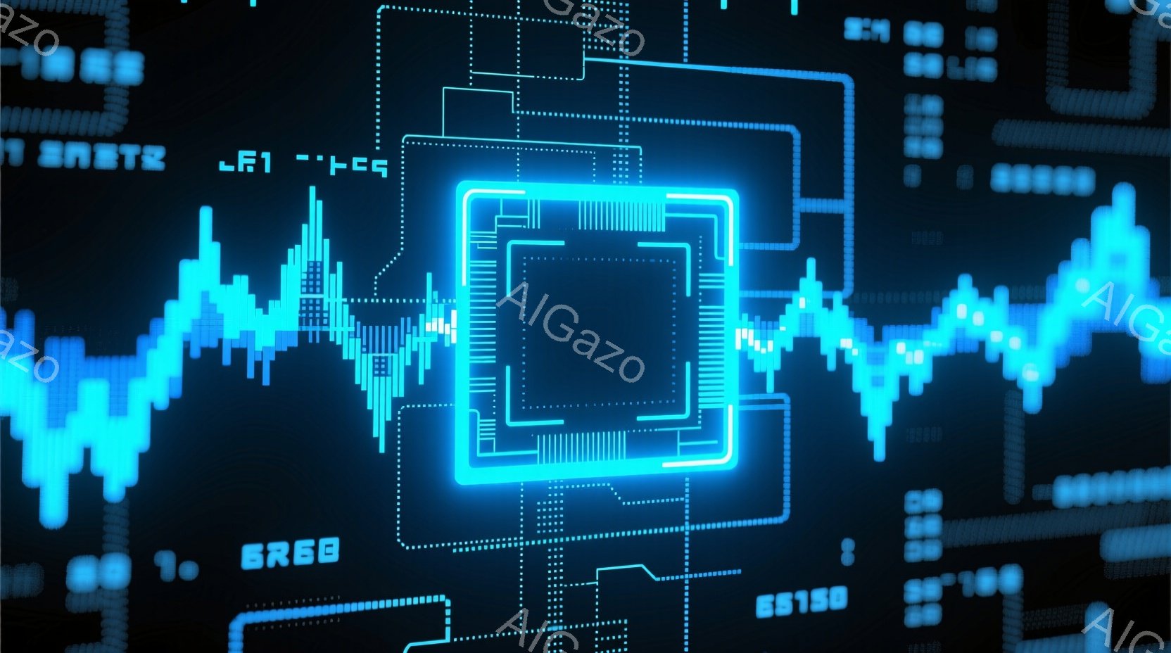 この画像は、青色の発光する電子回路のパターンが描かれた背景に、中央に配置された複雑な回路図を示しています。回路図は、細い青い線で構成された四角形の中に配置され、内部にはさらに細かい線や構成要素が描かれ - AI生成フリー素材