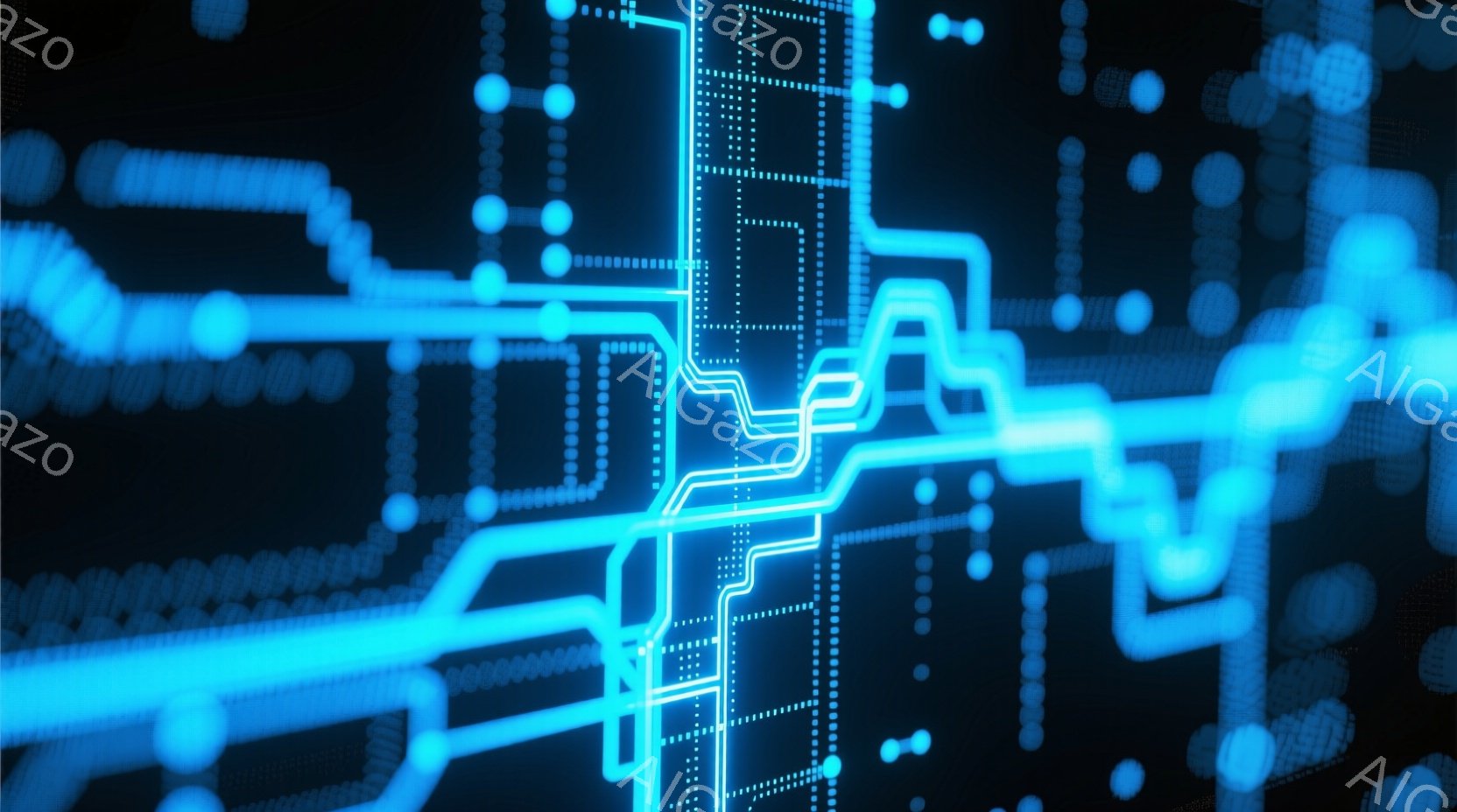 鮮やかな青色の電子回路が黒色の背景に広がっており、複雑な線と接続が未来的な印象を与えています。回路は細かい点線で構成され、まるでデジタルネットワークが視覚化されたかのようです。全体として、テクノロジー - AI生成フリー素材