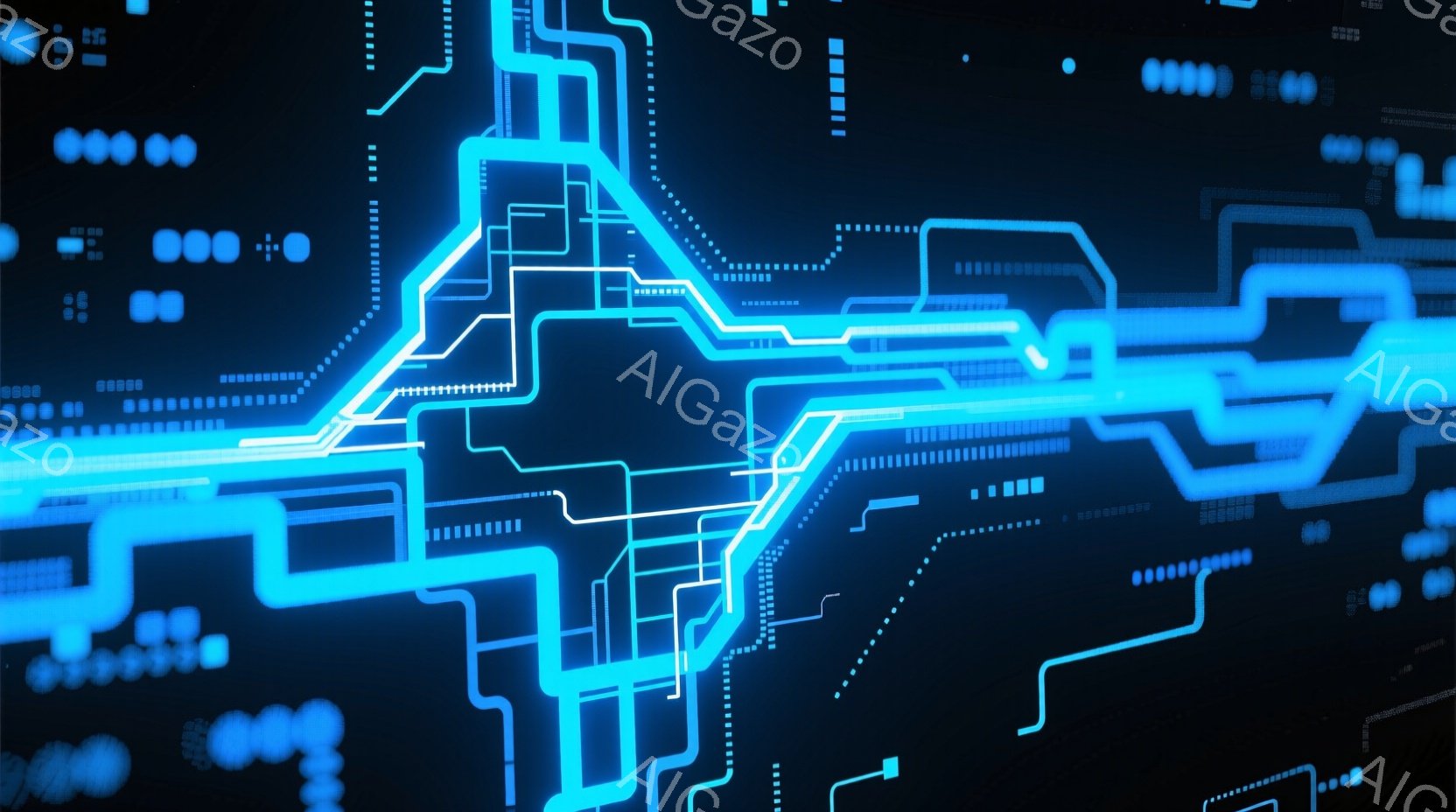 この画像は、暗い背景に光る青色の回路図のようなパターンが広がっています。細い線と四角形が複雑に絡み合い、未来的なデジタル空間を表現しています。全体的にクールでテクノロジー感あふれる雰囲気です。 - AI生成フリー素材