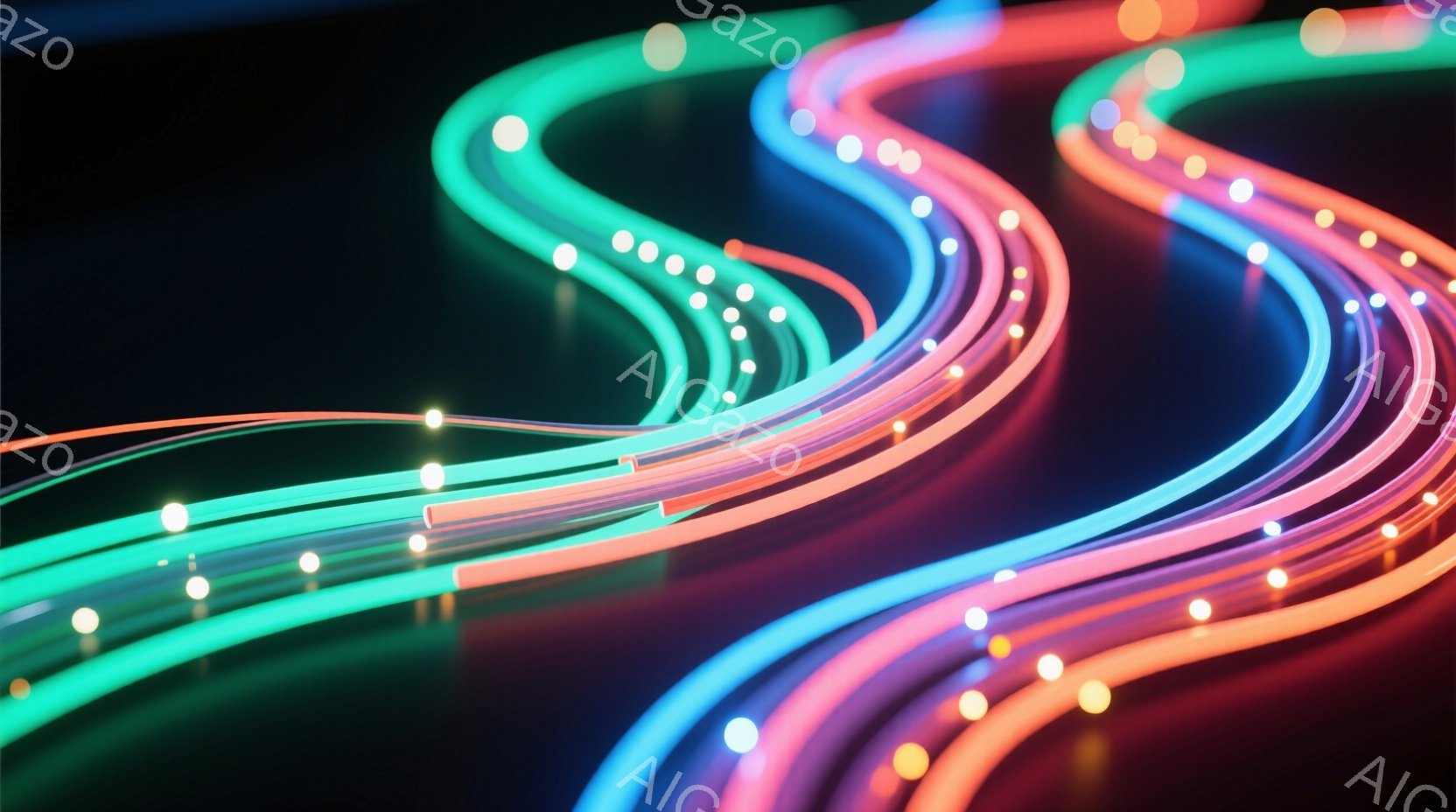 鮮やかなネオンカラーの光線が、暗闇の背景を幾重にも織りなす抽象的な画像です。ピンク、水色、緑色の光が、滑らかに曲線を描き、まるで光の糸が空間を駆け巡っているかのような印象を与えます。背景は漆黒で、光の - AI生成フリー素材