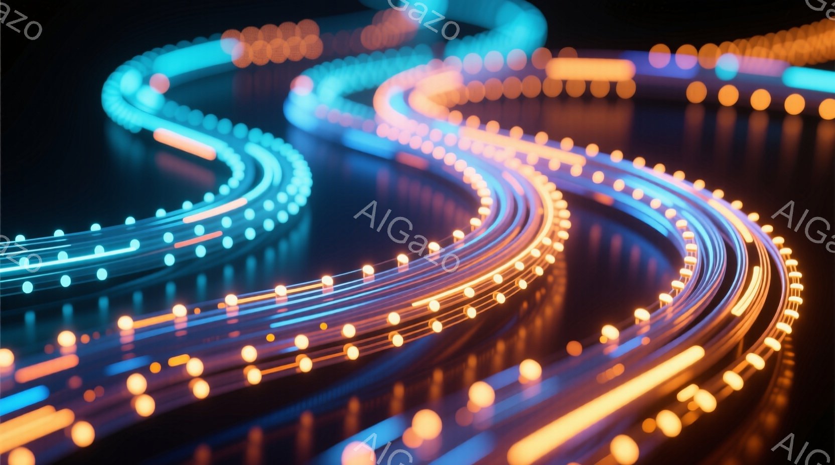 鮮やかな光の線が、暗闇の中でねじれながら流れる様子が捉えられています。青とオレンジの色調が混ざり合い、まるでエネルギーの流れや光の軌跡を表現しているかのようです。背景は黒く、光の線が際立ち、未来的な雰 - AI生成フリー素材