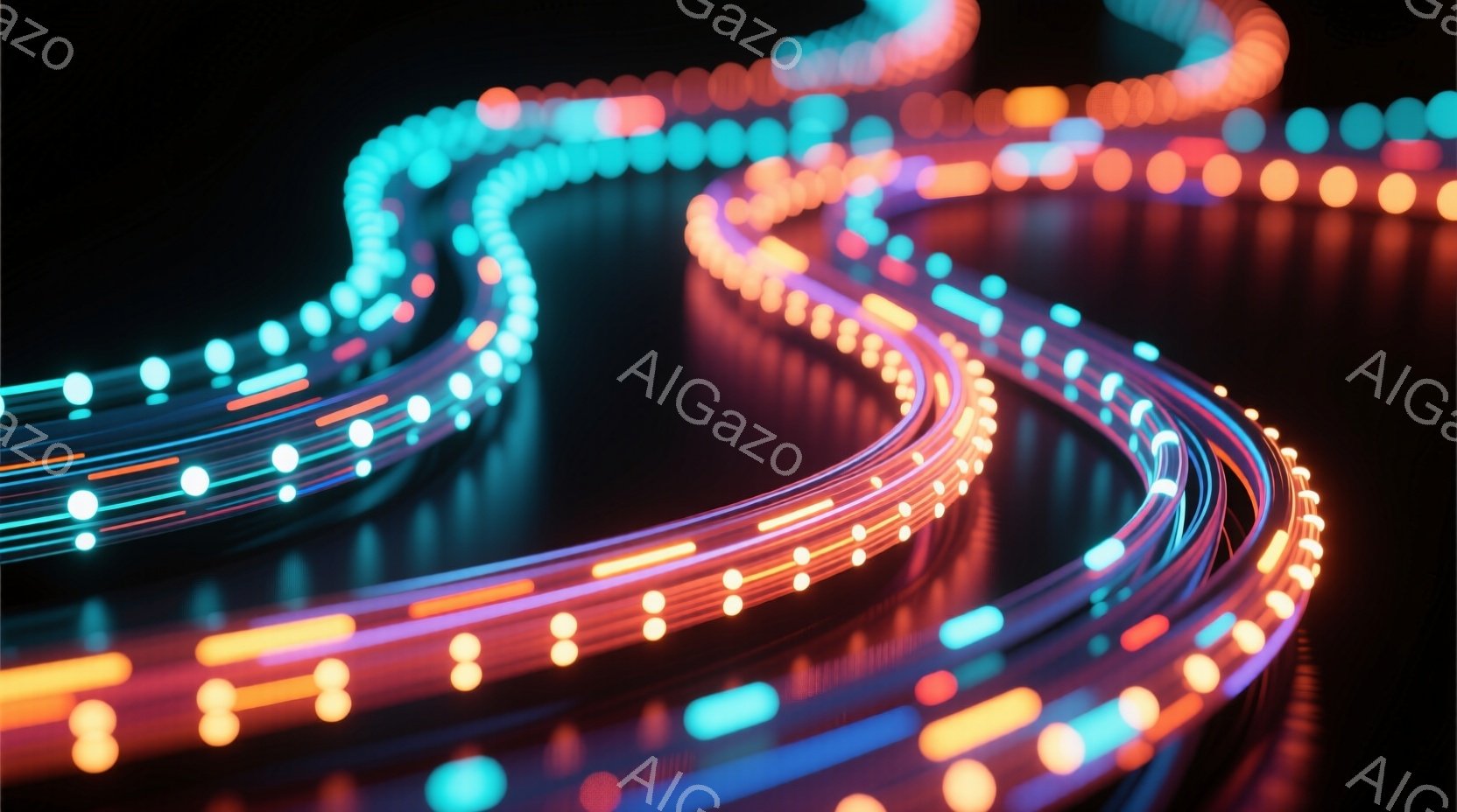 この画像は、暗い背景に浮かび上がる、鮮やかな光の線で構成された抽象的な曲線を描写しています。青、オレンジ、ピンクの光が連続的に流れ、まるでエネルギーの流れやデジタルデータの可視化を思わせるダイナミックな印象を与えます。光の線はぼやけており、動きや速度感を強調しています。