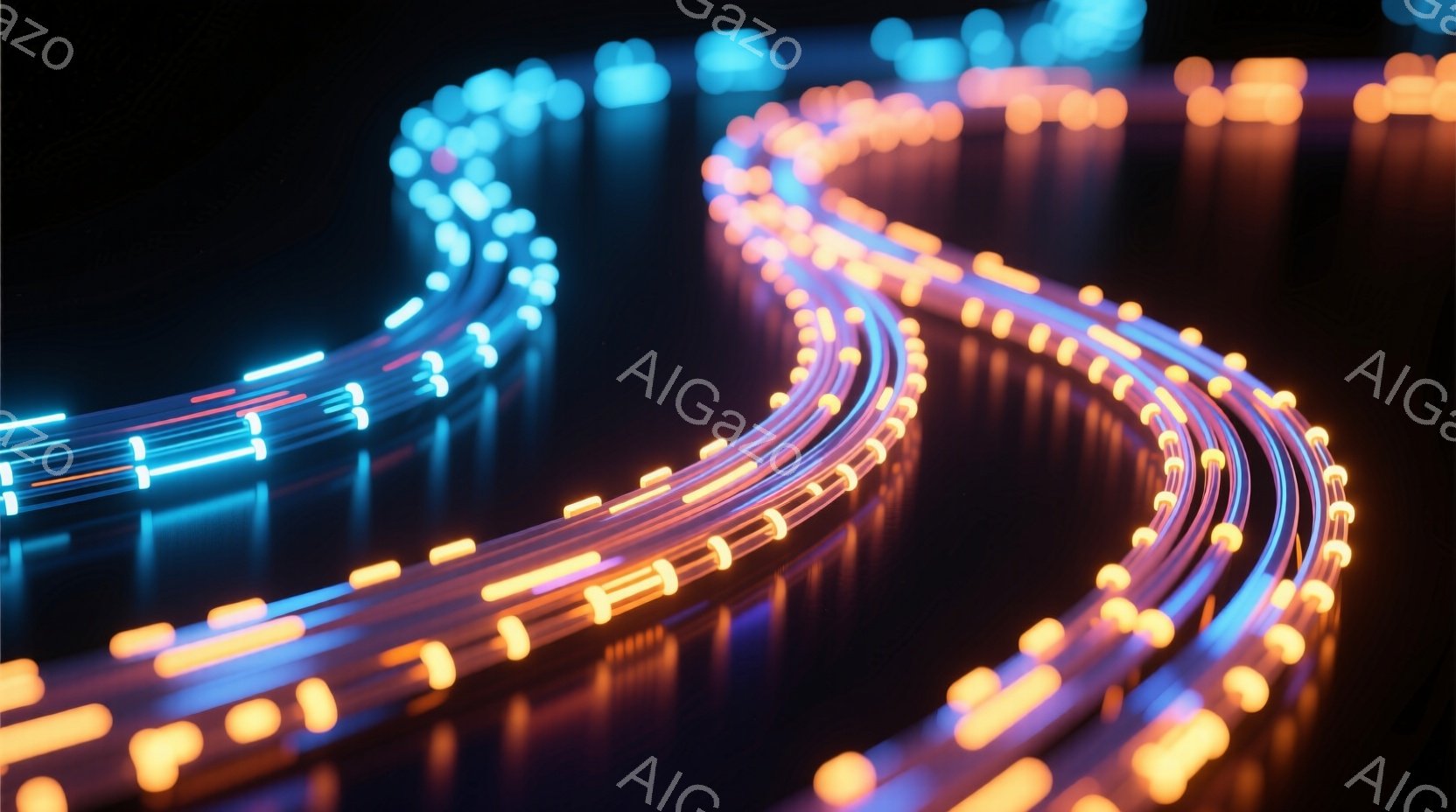 画像は、暗闇の中で光の帯が流れるように曲がりくねって伸びている様子を捉えています。光は青、紫、オレンジ色をしており、まるで高速道路の光跡のように見えます。背景はぼやけており、夜の都市または未来的な空間を連想させます。