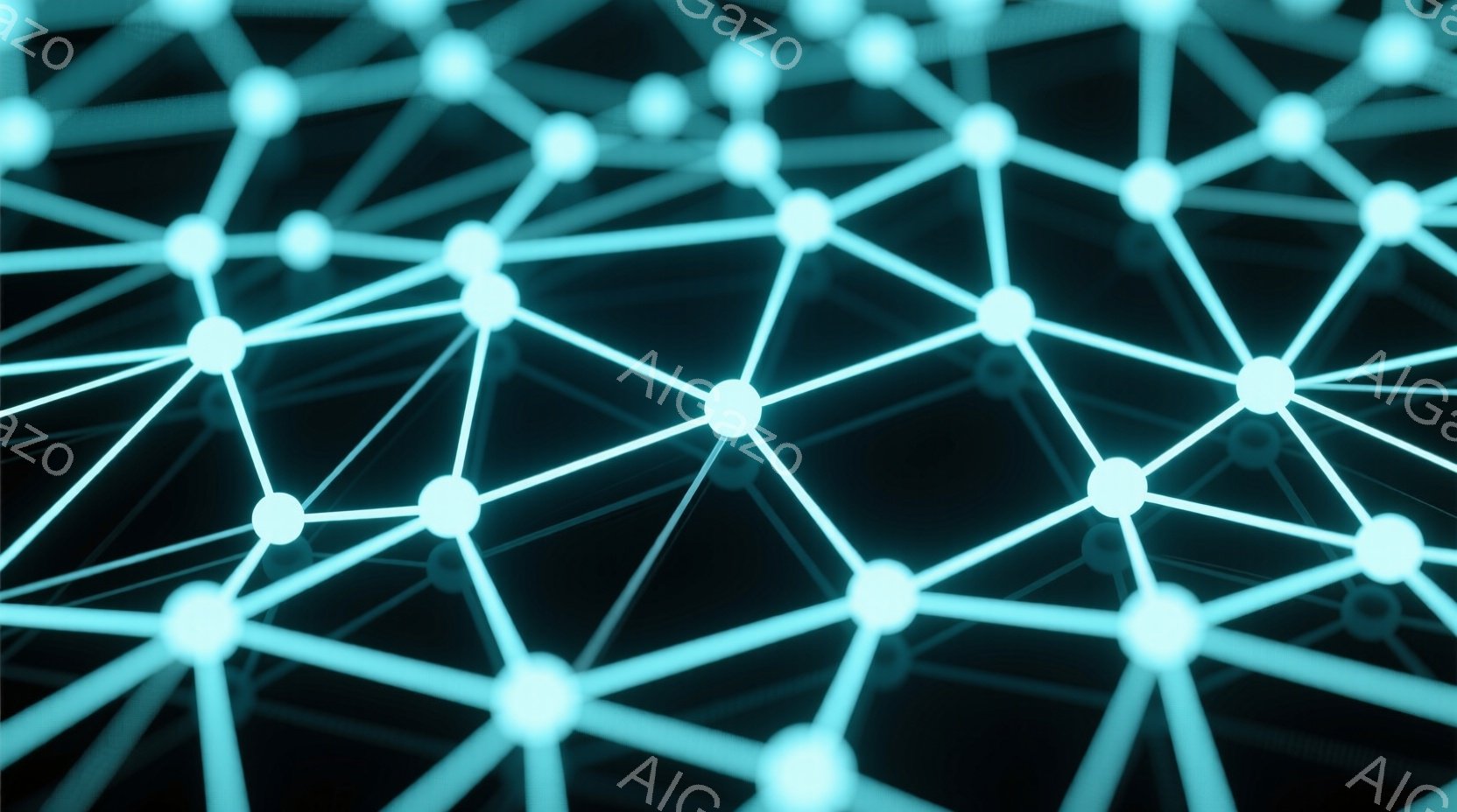鮮やかな水色の光る球体が網の目のように繋がった、未来的なネットワーク構造が描かれています。球体は均等に配置され、細い光の線で結ばれ、暗い背景の中で浮き彫りになっています。全体的に、高度な技術や情報接続を象徴するような、クールで洗練された雰囲気です。