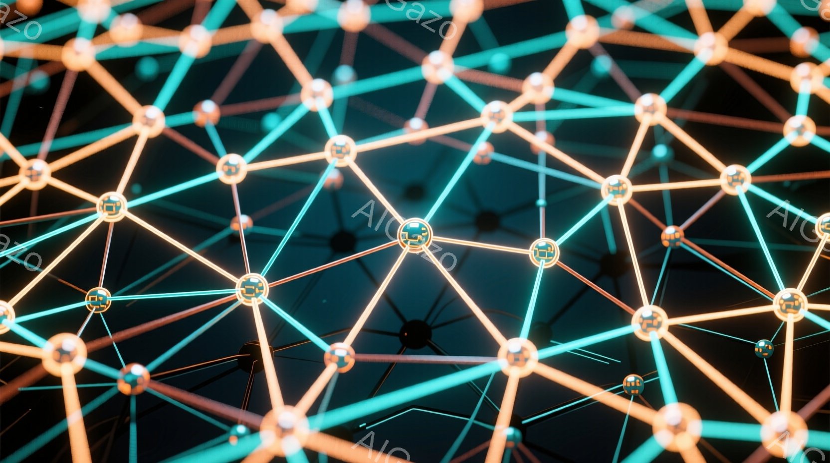 この画像は、複雑なネットワーク構造を描いたものです。オレンジとターコイズの線が交差し、光る球体で接続された多角形が全体を構成しています。背景は暗く、ネットワークの光が際立って見え、未来的な印象を与えます。