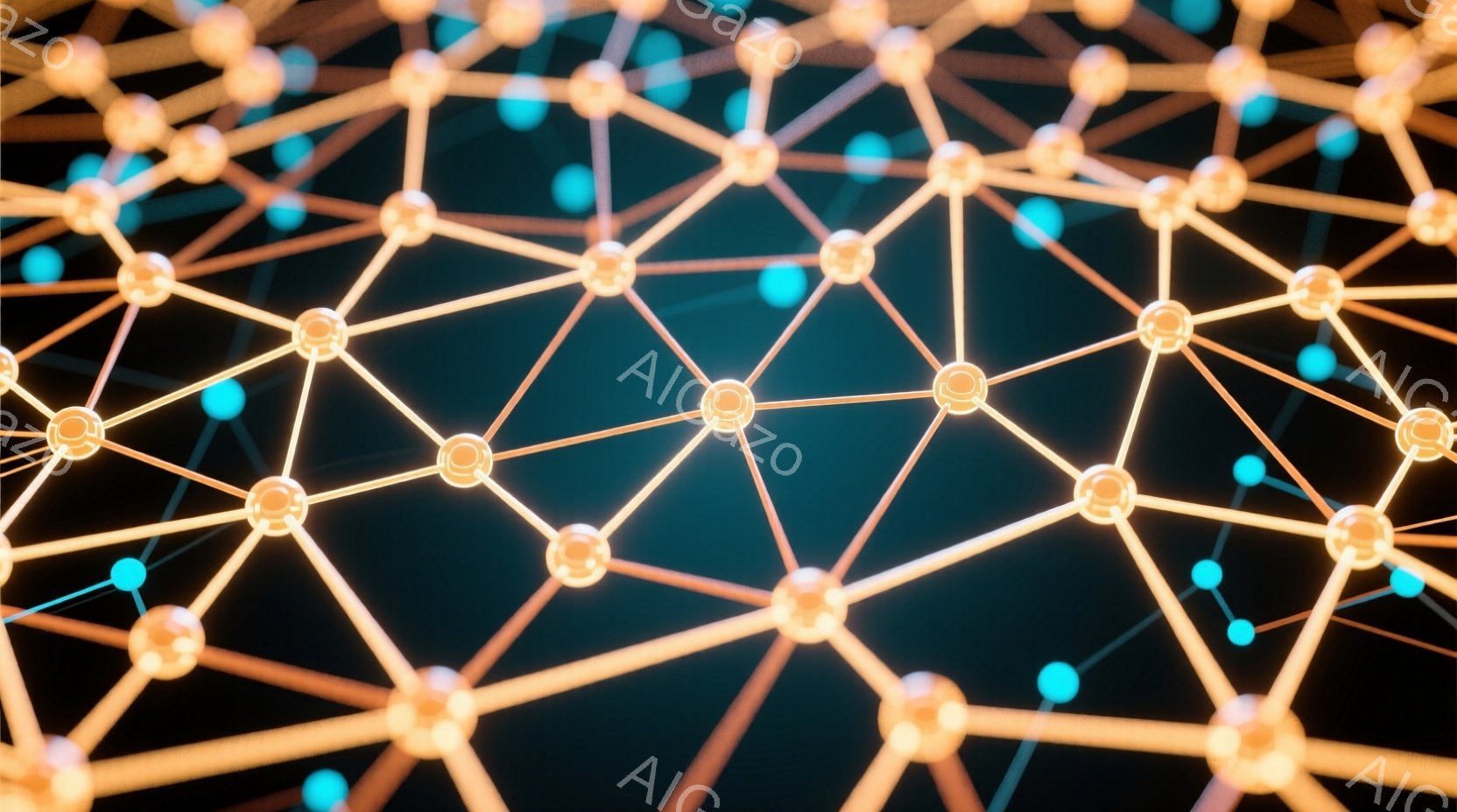 鮮やかなオレンジと青の光る点が、暗い背景の中で網目状のネットワークを形成しています。各点は線で繋がれ、まるで分子構造やデジタルネットワークを連想させる抽象的な光景です。全体的に未来的な雰囲気で、科学技術や情報社会を象徴しているように見えます。