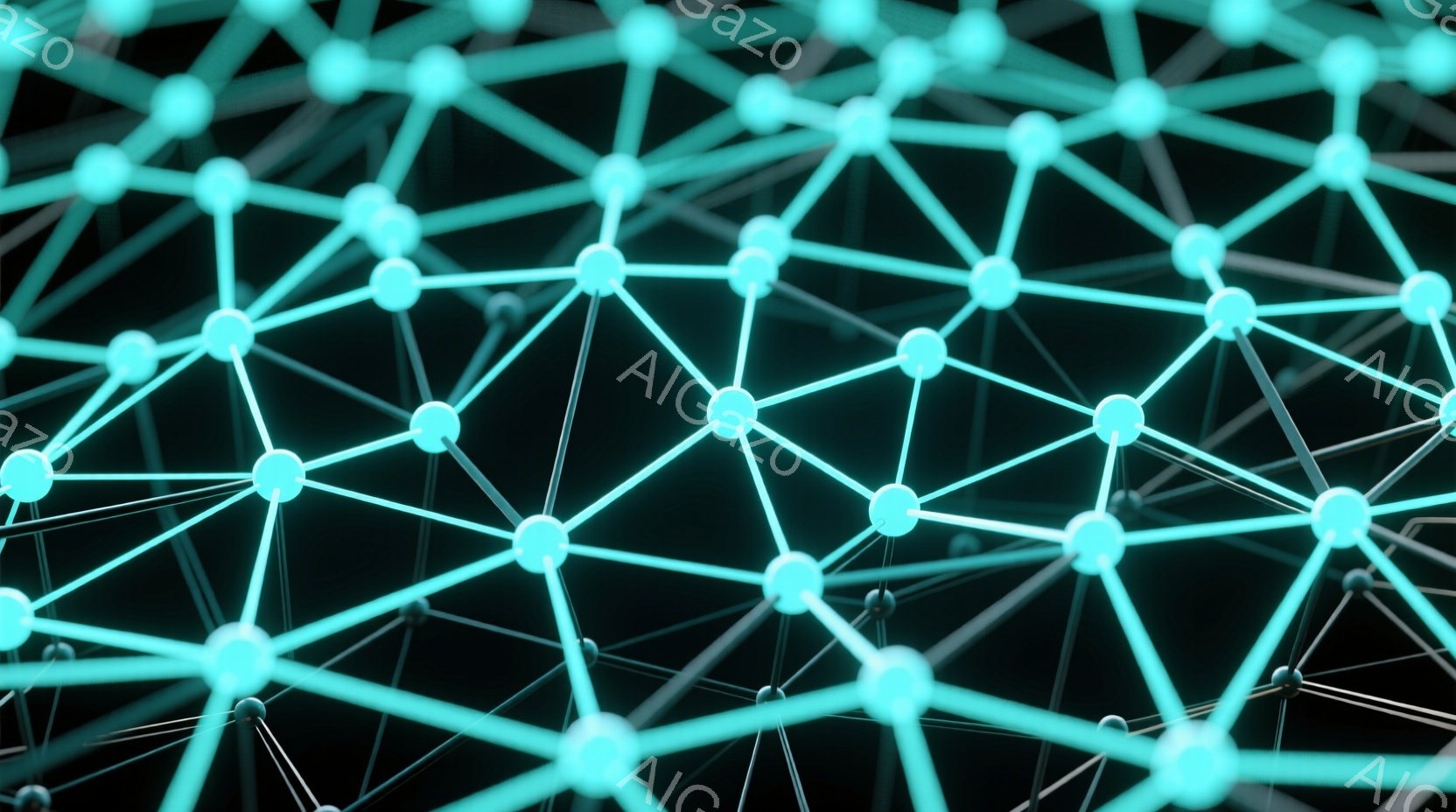 鮮やかなターコイズブルーの光る球体が、細い黒い線で網目状に繋がった構造が広がっている。球体は互いに繋がり、複雑なネットワークを形成しており、背景は暗闇に包まれている。全体的に未来的な、テクノロジーを感 - AI生成フリー素材