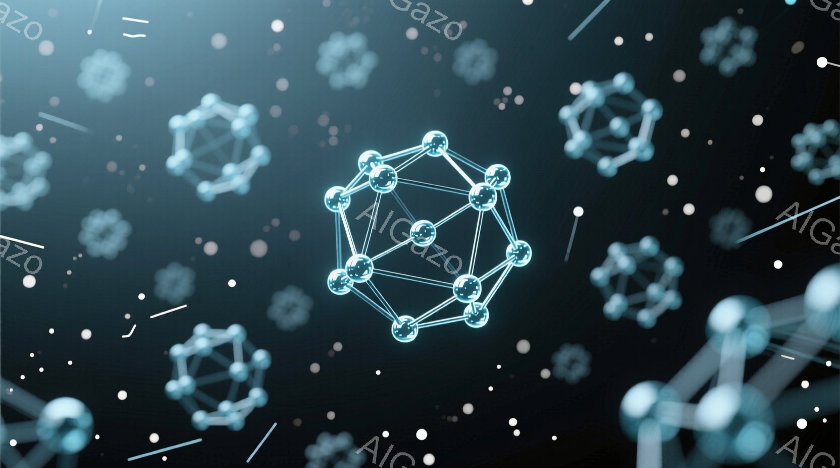 画像は、暗い背景に浮かぶ、光る青色の線と球で構成されたネットワーク構造を表現しています。中心には、複雑な多角形のネットワークが明るく輝き、周囲にはぼやけた同様の構造が散りばめられています。全体的に、テ - AI生成フリー素材