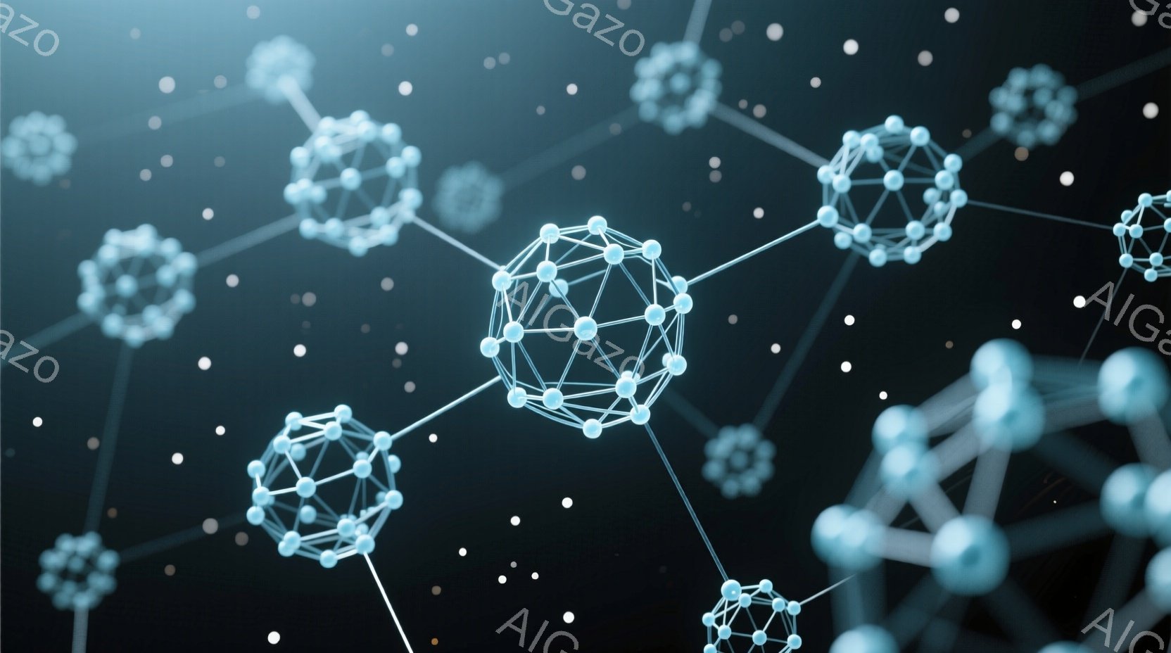 この画像は、暗い背景に浮かぶ、繋がった青白い線状のネットワークと、球状の構造体で構成されています。球体は多面体構造をしており、それぞれが線で結ばれ、ネットワークを形成しています。全体的に、科学的、技術的な抽象概念を表現したような雰囲気です。