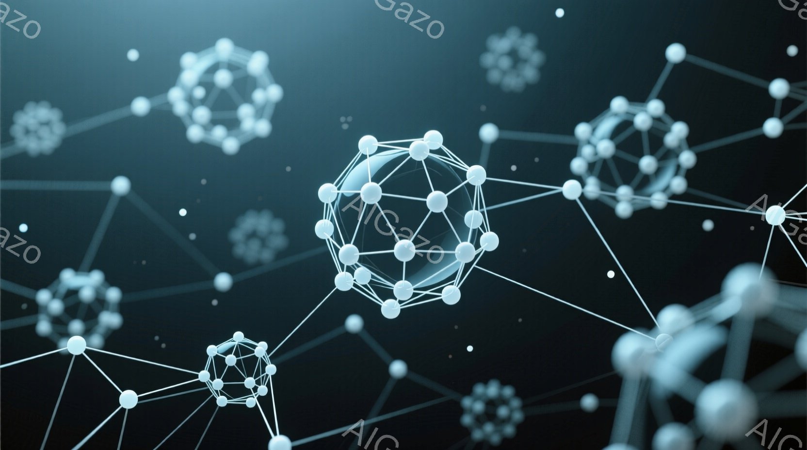 この画像は、暗い背景に浮かぶ、複雑なネットワーク状の構造物を描いています。白く光る球体が線で繋がり、まるで分子や細胞のような形を形成しており、科学的または未来的な印象を与えます。全体的に冷たい色調で、抽象的でありながらも秩序を感じさせる視覚的な表現です。