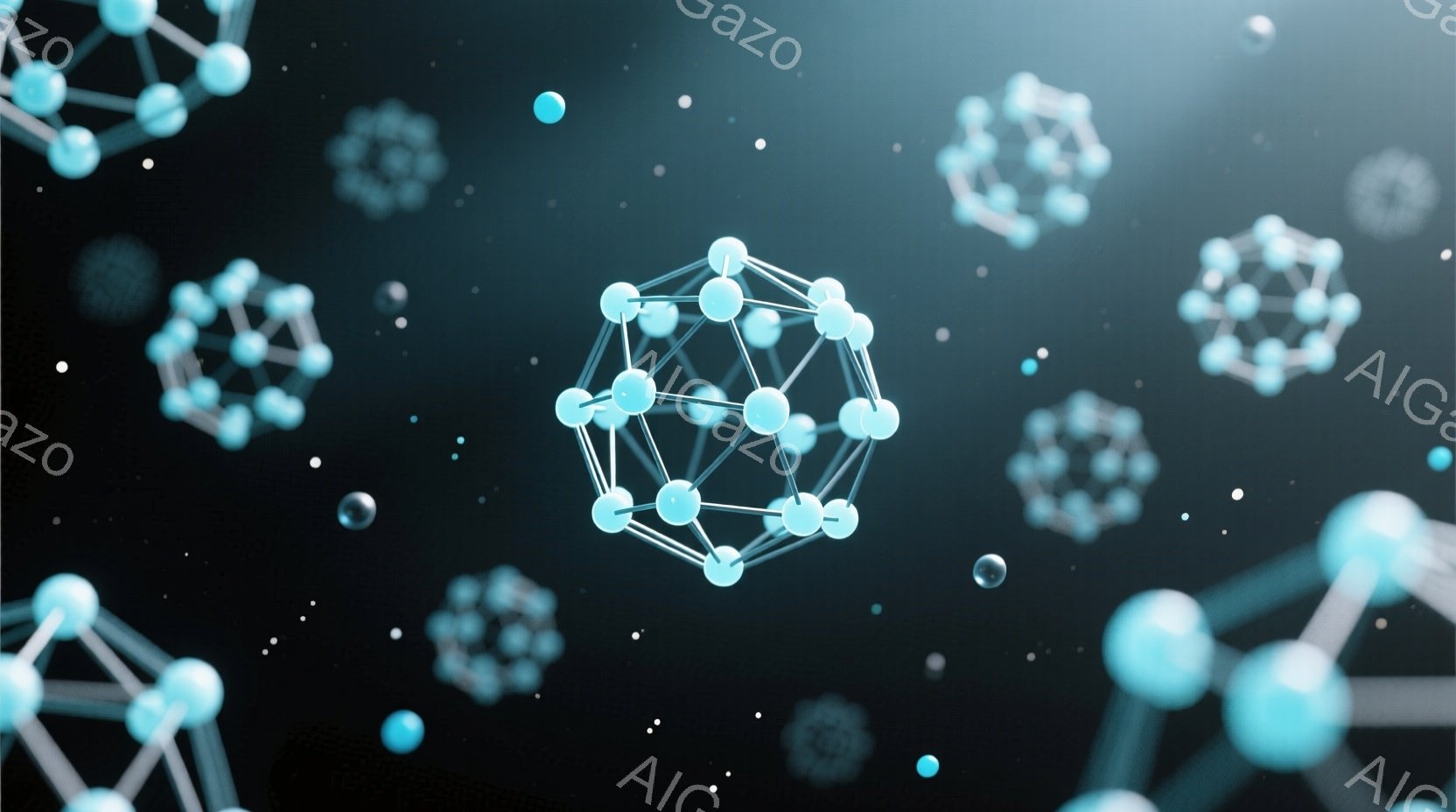 この画像は、暗い背景に浮かぶ、青い球と線で構成された複雑な構造体群を描いています。それらは分子モデルや原子構造を想起させ、まるで科学的な視覚化のようです。全体的に、知性とテクノロジー、そして未知の世界を探求するような雰囲気があります。