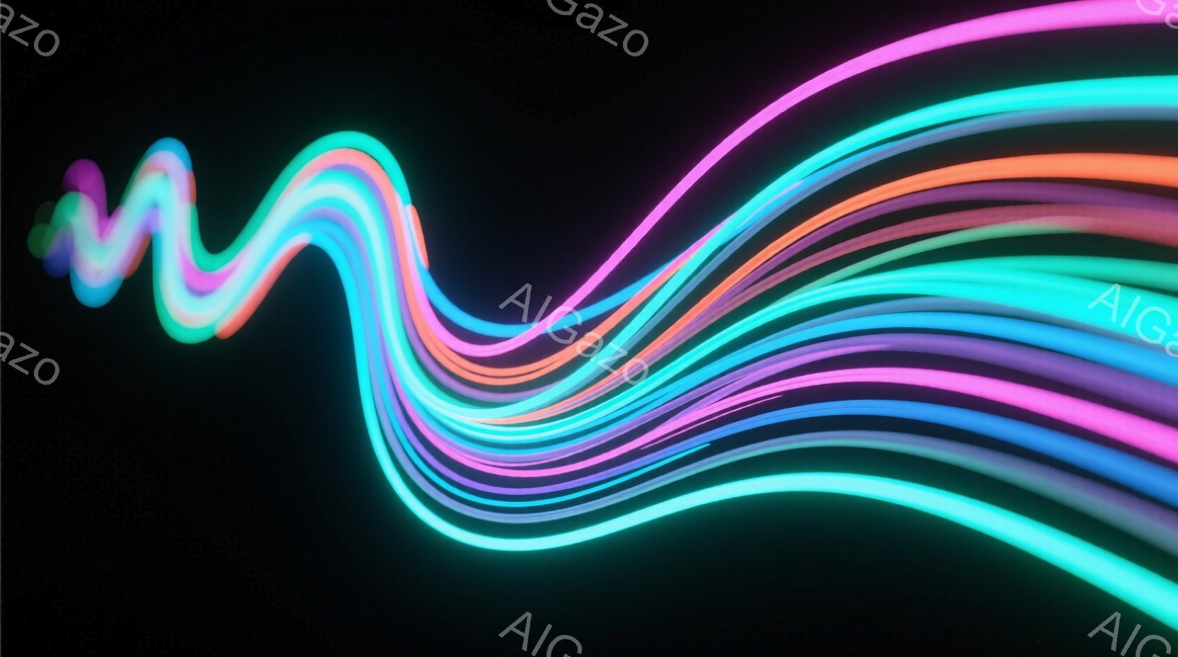 暗い背景に、鮮やかな虹色の光の線が流れるように描かれている。光線は曲線を描き、まるでエネルギーの流れや軌跡を表現しているようだ。全体的に未来的な雰囲気で、躍動感と神秘的な印象を与える。 - AI生成フリー素材