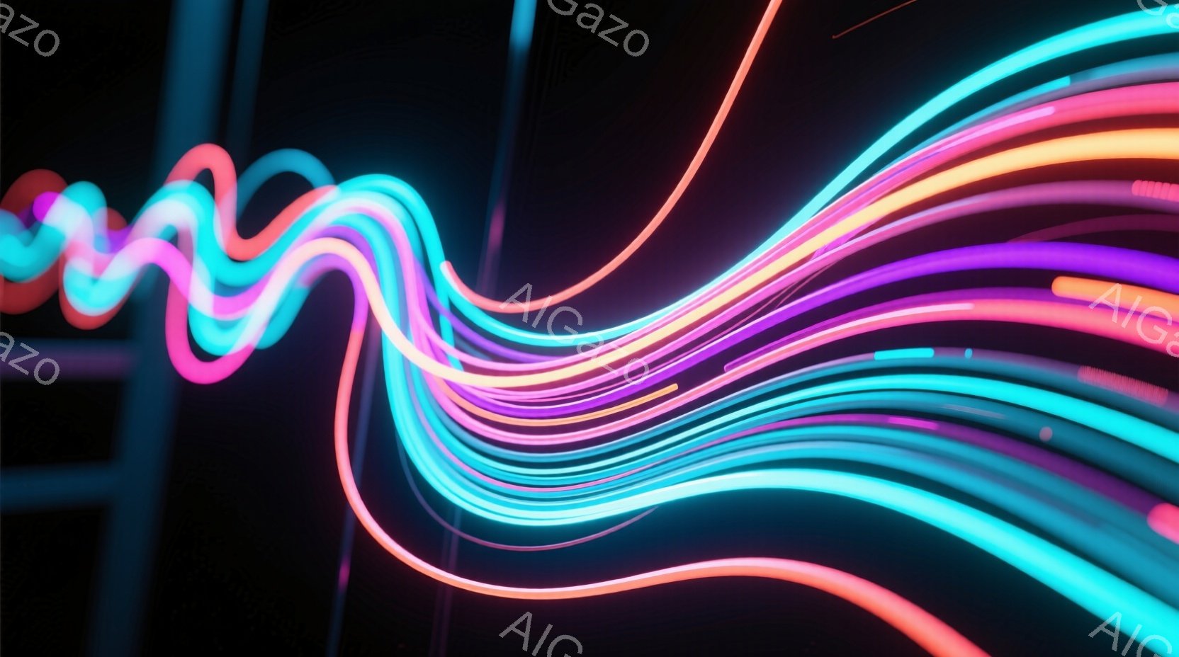 鮮やかなネオンカラーの光線が、黒い背景の中で流れるように描かれている。光線はピンク、紫、水色、オレンジ色など様々な色合いを持ち、曲線を描きながら絡み合っている。全体的に近未来的でエネルギッシュな雰囲気であり、スピード感と躍動感を感じさせる。