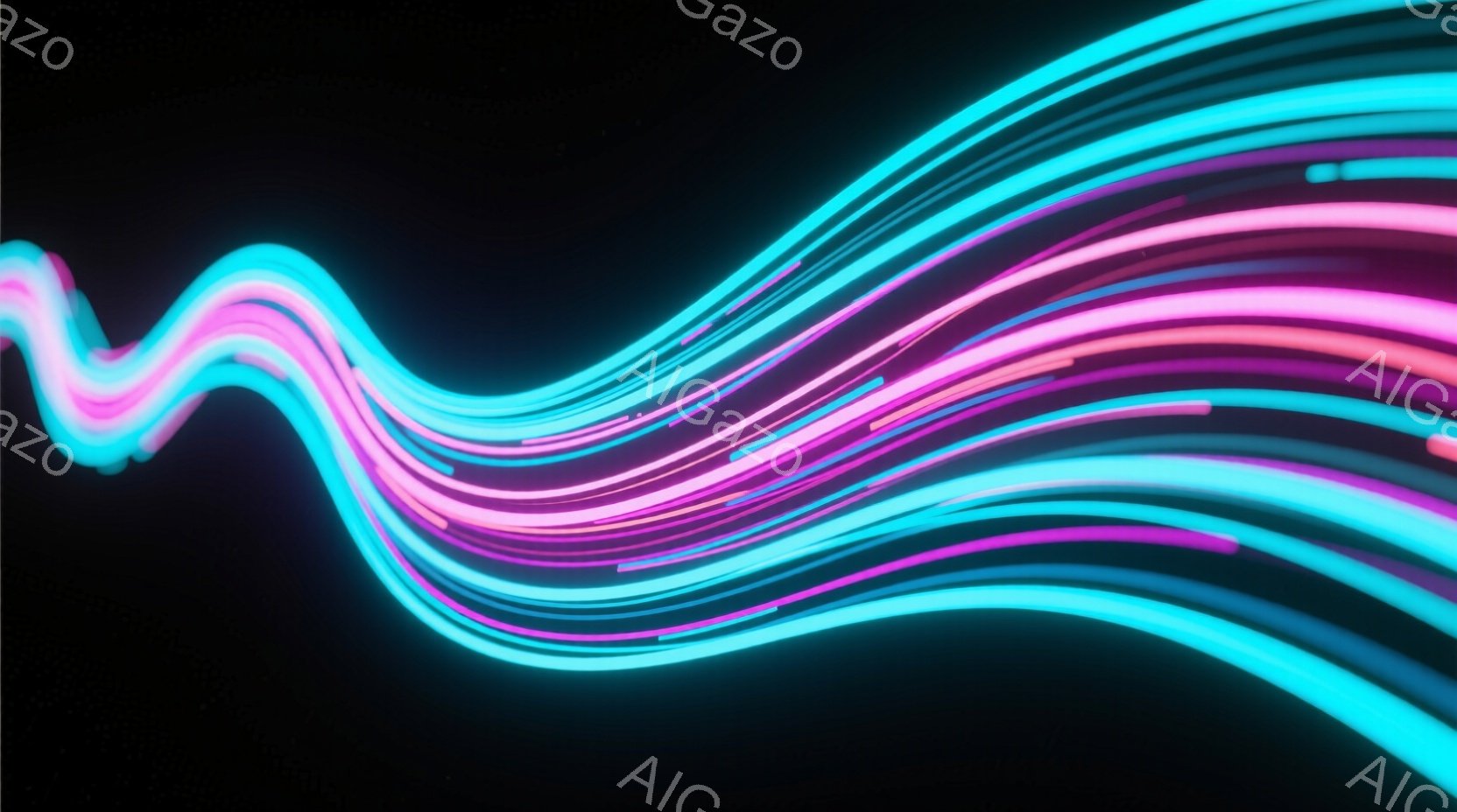 鮮やかなネオンピンクとターコイズブルーのストライプが、暗い背景を曲線的に流れている様子が描かれています。光の帯は平行に並び、奥行きを感じさせます。全体的に未来感とエネルギーに満ちた、躍動感のある抽象的 - AI生成フリー素材