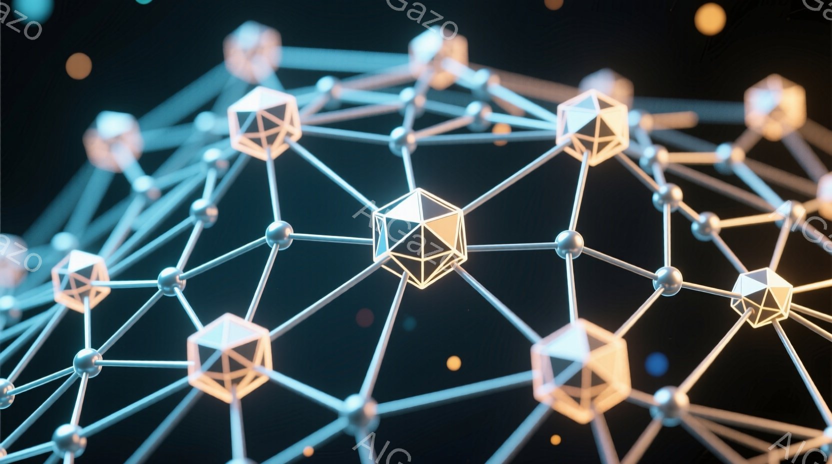 複雑なネットワークが、暗い背景に浮かび上がっています。接続点には光沢のある球体があり、それらが細い線で結ばれ、立方体のような形がネットワーク内に配置されています。全体的に未来的な雰囲気で、科学技術やデータ構造を連想させる視覚的な表現です。
