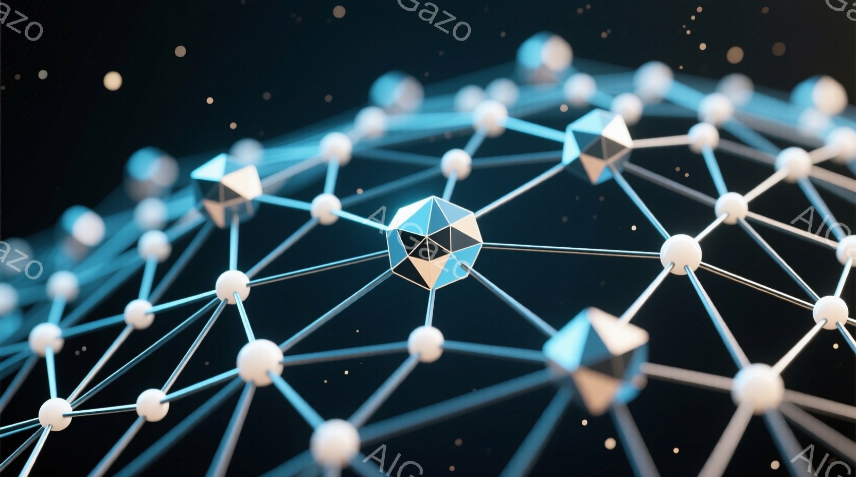 この画像は、暗い背景に浮かぶ、光沢のある白い球と、それらを繋ぐ青い線で構成されたネットワーク構造を描いています。球は多面体で構成され、光を反射して輝いており、まるで星雲のような印象を与えます。全体的に未来的な、科学技術を感じさせる雰囲気が漂っています。