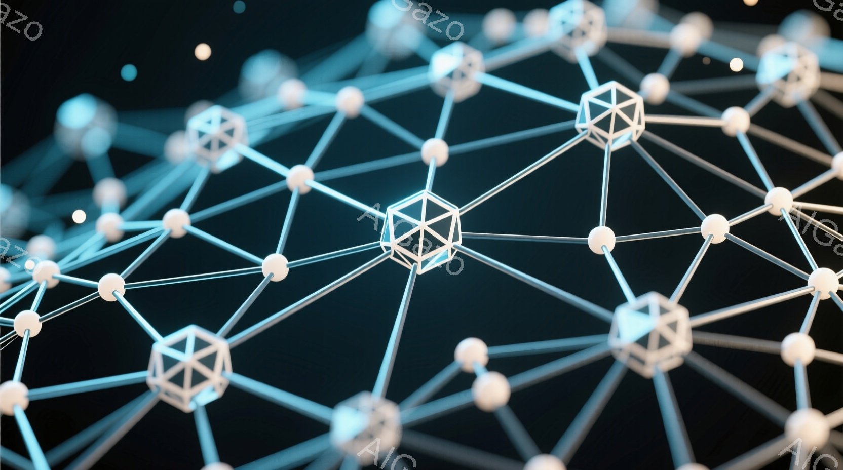 鮮やかな青色の光る線が、球体と正多面体（主に立方体）を結びつけたネットワークが描かれている。黒色の背景に、これらの光る構造物が浮かび上がり、まるで宇宙空間に広がる分子構造や接続されたネットワークのよう - AI生成フリー素材