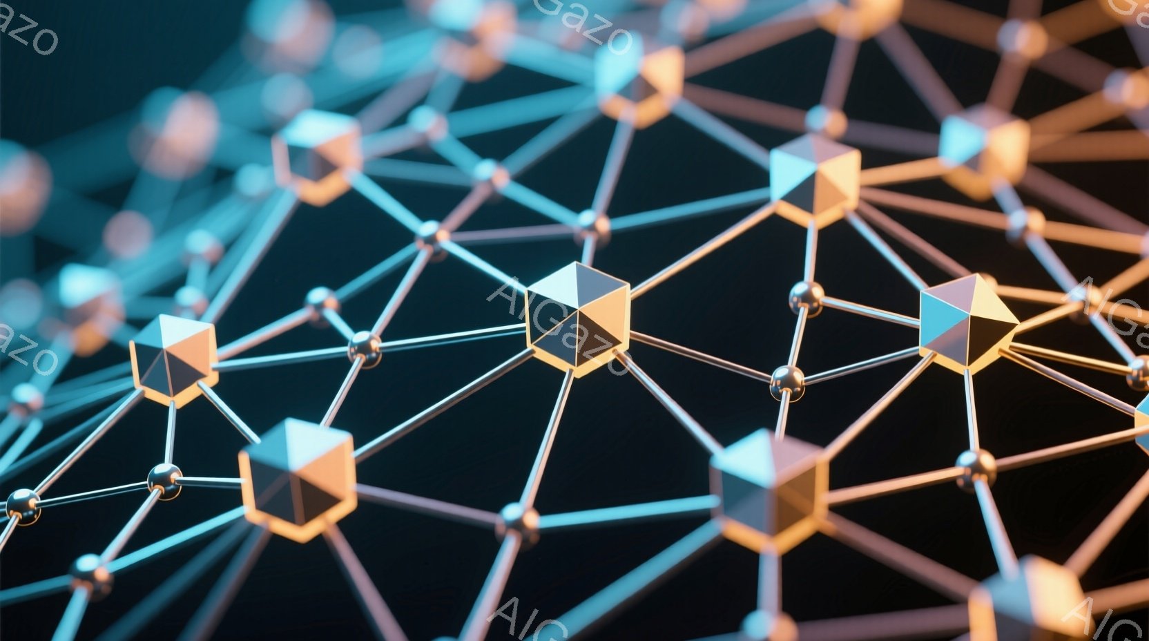 この画像は、暗い背景に複雑なワイヤーフレームのネットワークが描かれています。金色の立方体と銀色の球体が接続され、三次元的な構造を形成しています。全体的に未来的な雰囲気で、テクノロジーや接続性を連想させるビジュアルです。