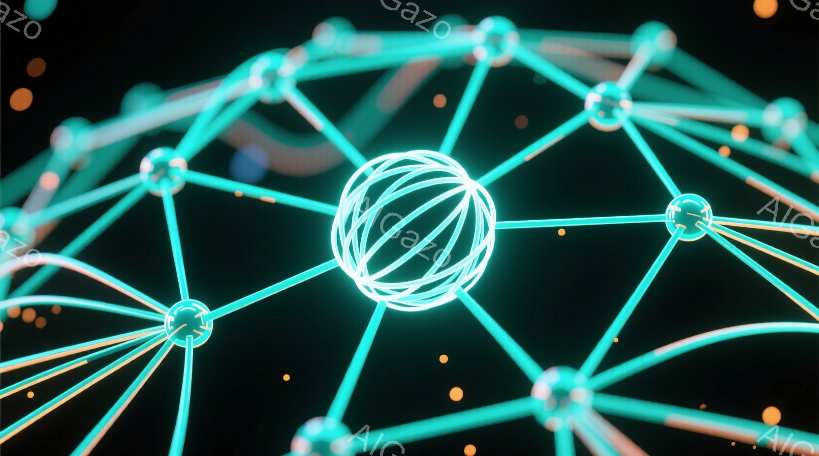 鮮やかなターコイズブルーの光る線が、複雑なネットワークを形成しており、中心にはより明るい球体が配置されている。背景は暗く、ぼんやりとしたオレンジ色の光点が散りばめられており、まるで宇宙空間のような印象を与える。全体的に未来的なテクノロジーや接続性を象徴するような、神秘的で洗練された雰囲気である。