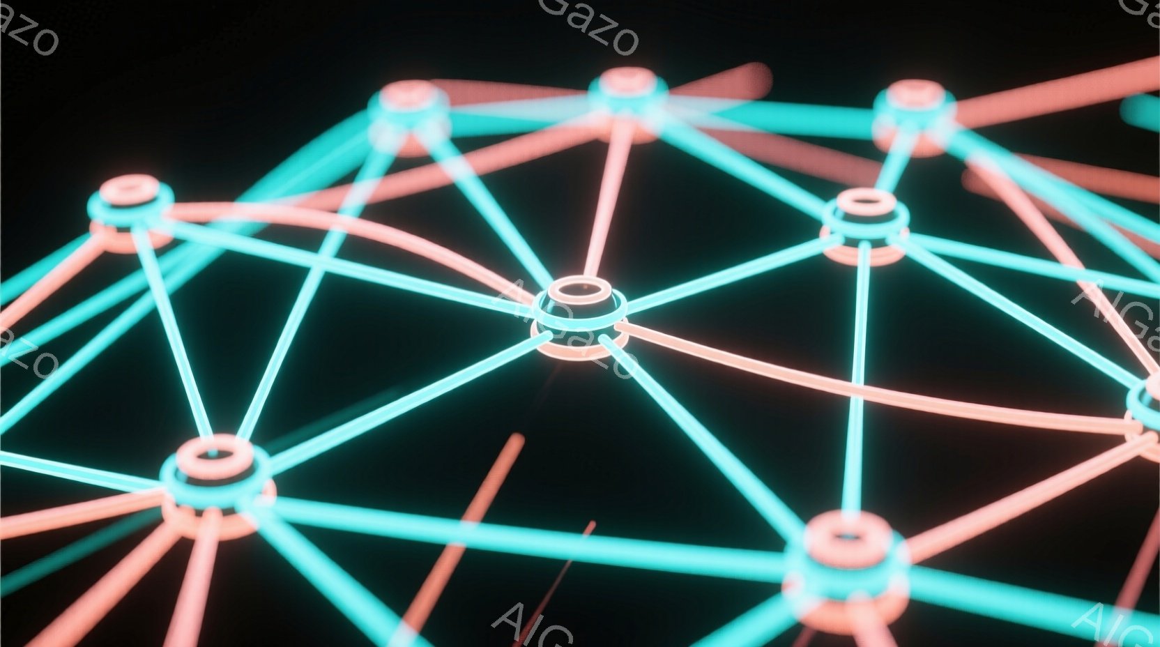 鮮やかなピンクとターコイズブルーの光の線が、暗い背景の中で複雑なネットワークを形成している様子が描かれている。光の線は球状のノードで接続され、まるで未来的な構造物やデジタル回路を想起させる。全体的に、エネルギーと接続性を感じさせる抽象的なイメージである。