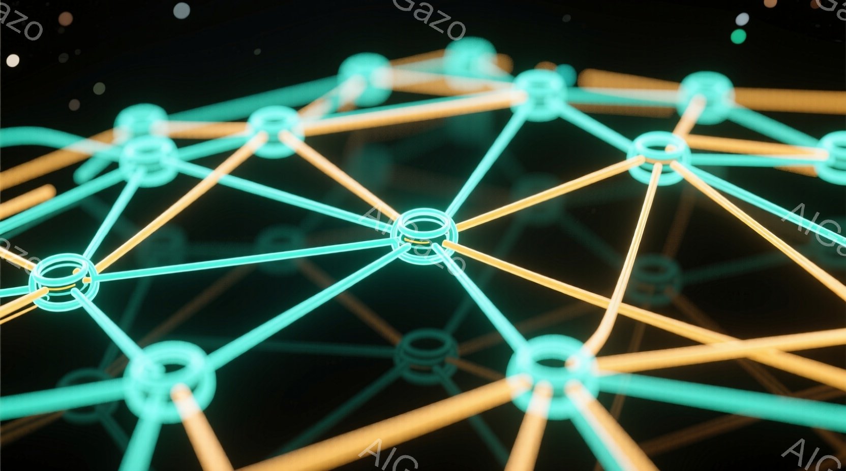 鮮やかな緑とオレンジの線が複雑に絡み合い、ネットワークのような構造を形成している。線は光を帯びており、暗い背景の中で未来的な印象を与える。全体的に、抽象的でテクノロジーを感じさせるビジュアルだ。 - AI生成フリー素材