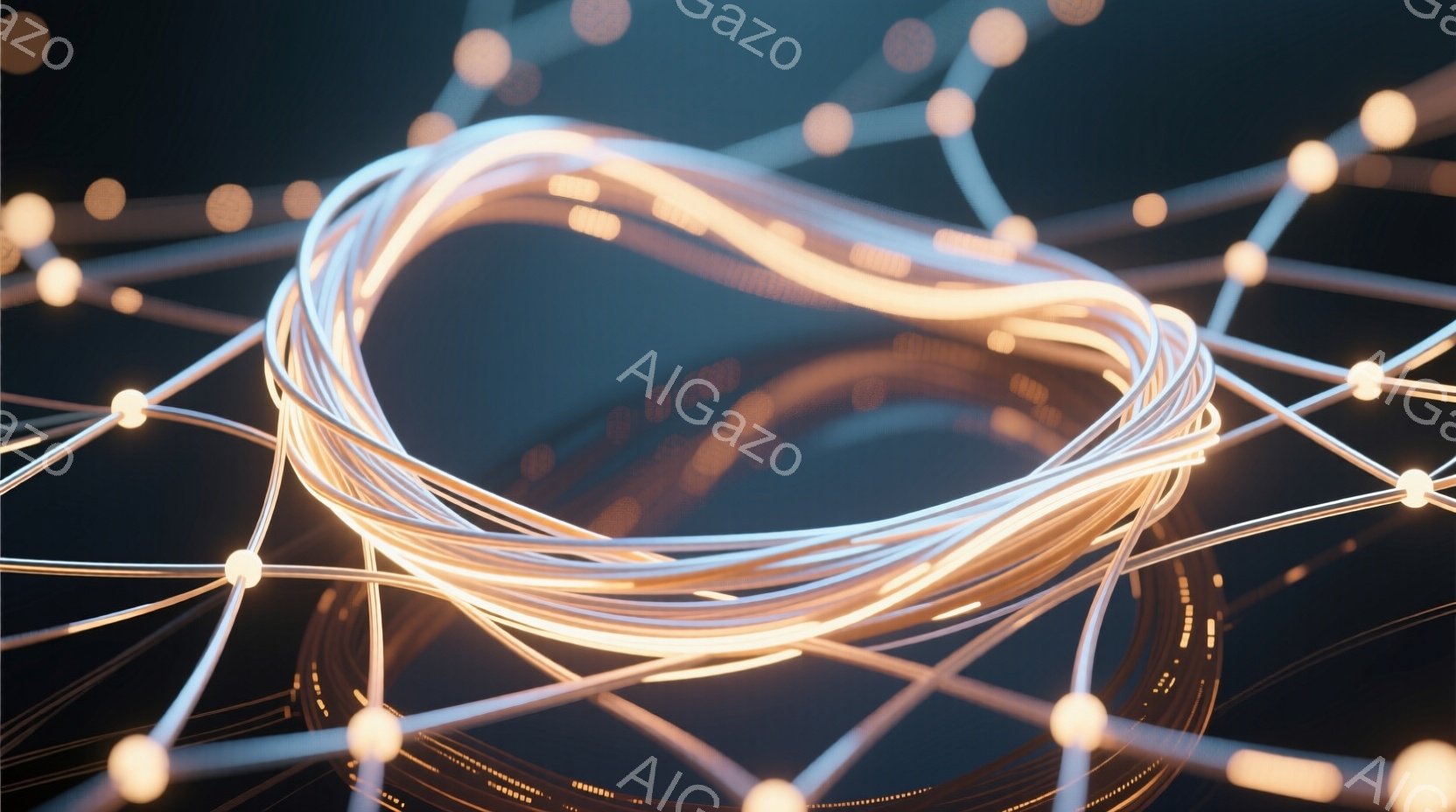 画像は、暗い背景に浮かぶ、光る線状の複雑なネットワークを捉えている。中心には、ねじれた光のリングがあり、その周りに光る線が放射状に広がっている。全体的に、未来的な、テクノロジーを感じさせる、神秘的な雰 - AI生成フリー素材