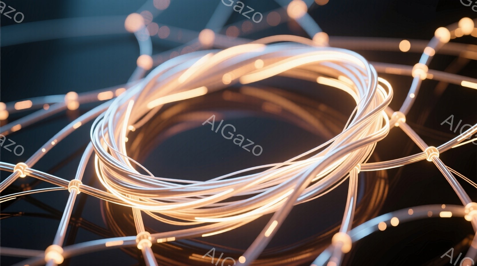 鮮やかな光の線が複雑に絡み合い、暗い背景に浮かび上がっている。光の線は、まるで神経回路やネットワークのような構造を形成しており、焦点がぼやけているため、動きやエネルギーを感じさせる。全体的に未来的で抽 - AI生成フリー素材