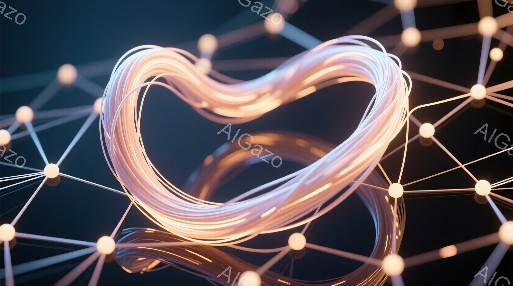 光沢のある金色の線が複雑に絡み合い、円環状の形状を形成しており、まるで光の結び目のような印象を与える。背景には、光点を結んだ黒い線によるネットワークが広がり、現代的で未来的な雰囲気を作り出している。全体的に、鮮やかな光と幾何学的なデザインが調和し、抽象的でありながらも洗練された印象を与える。