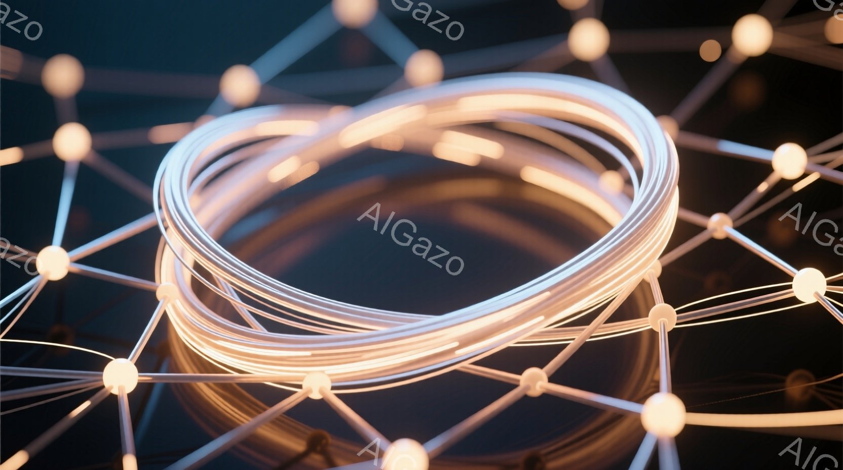 複雑なネットワークが描かれており、光る線が円状に重なり合って構成されています。背景は暗く、光る線がネットワークのノードをつなぎ、未来的な印象を与えます。全体的に、科学技術やデータの接続性を想起させる抽象的なイメージです。