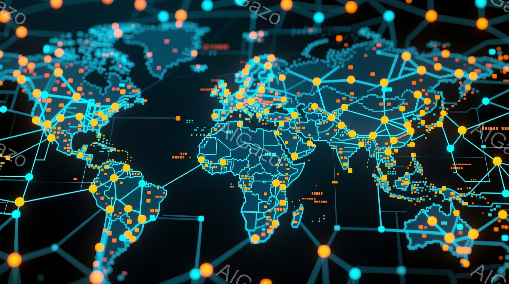 この画像は、青い背景に世界地図が描かれており、各大陸の主要都市を結ぶ光るオレンジ色の線と点が存在するデジタルな表現です。都市は様々な大きさの点として示され、ネットワークの接続性を示唆しています。全体的な雰囲気は、グローバルな接続性とテクノロジーの進歩を強調した、未来的で洗練されたものです。