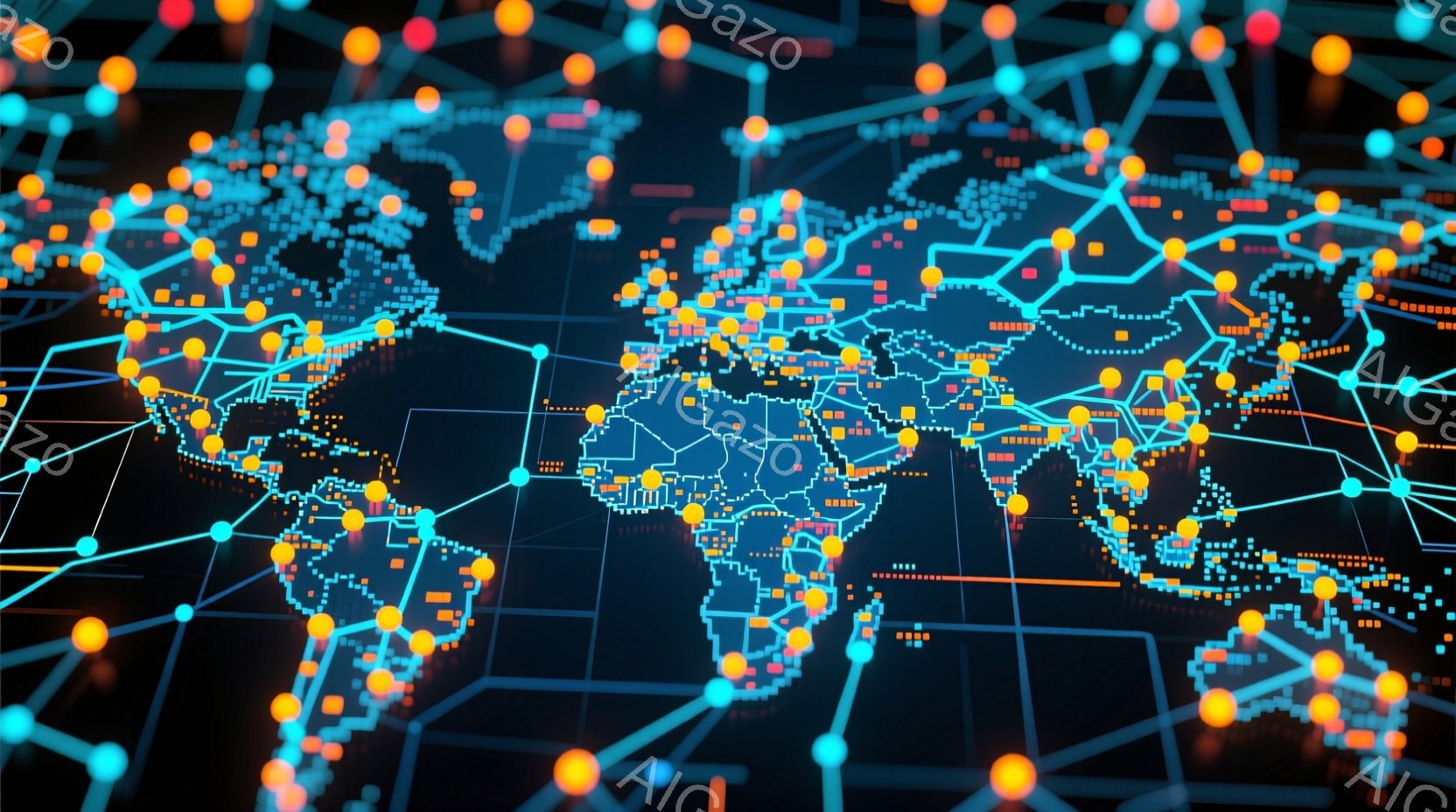 この画像は、暗い背景に描かれた世界地図で、明るいオレンジと青の点と線で構成されたネットワークが広がっています。点々は都市や主要な接続ポイントを表しているようで、地球規模でのデータ通信や接続性を視覚的に表現しています。全体的に、近未来的でテクノロジーを感じさせる、ダイナミックな雰囲気です。